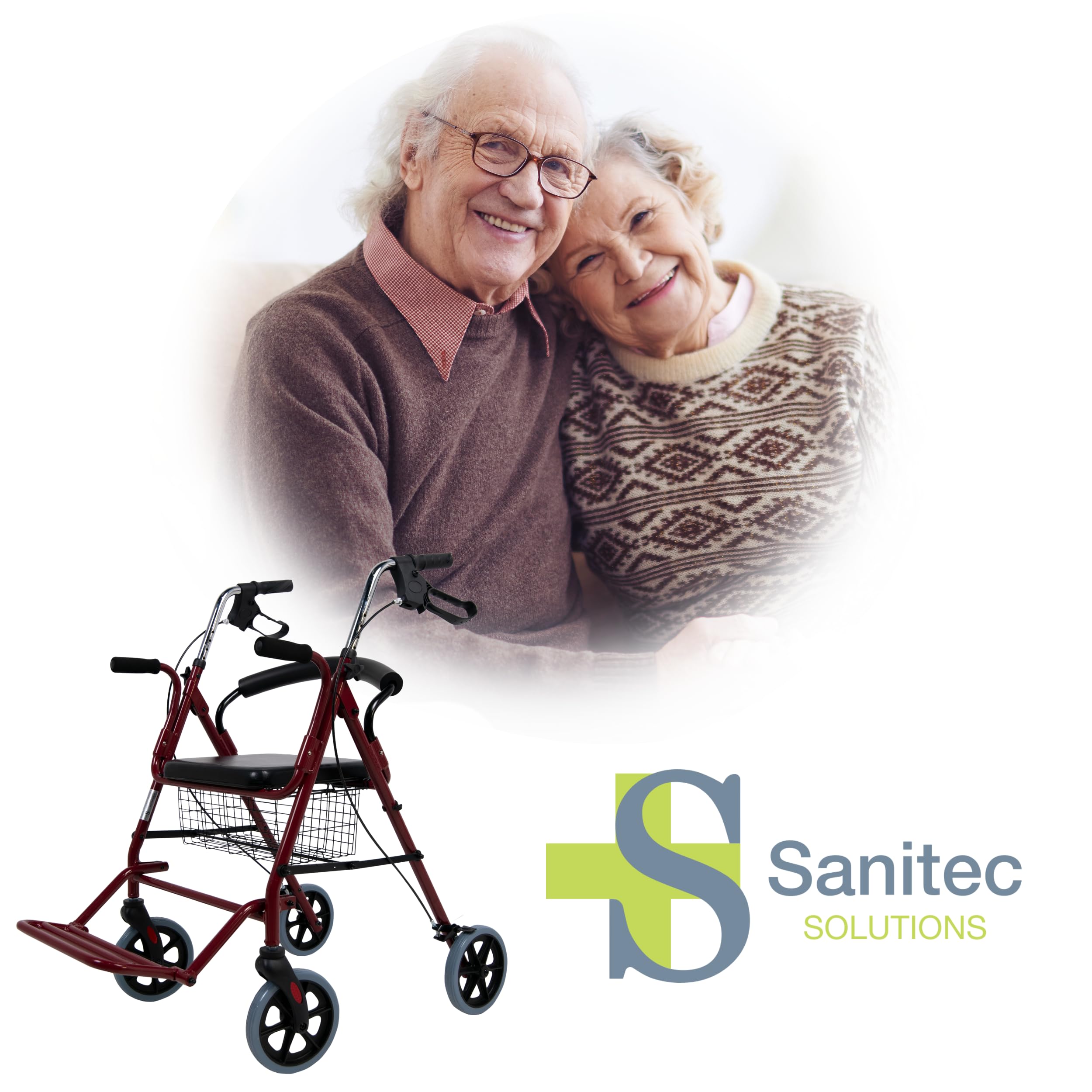 Sanitec - Silla Rollator con Frenos en Empuñadura | Andador para Ancianos Plegable | Andadores Adultos con Estructura de Aluminio | Andador con Asiento, Cesta y Reposapiés | Andadores para Ancianos