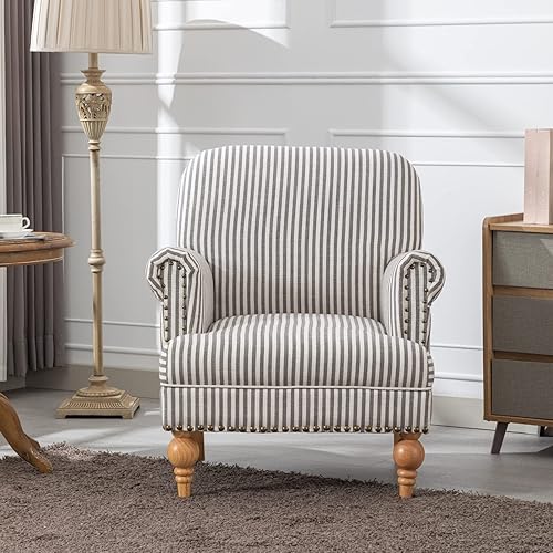 Miniatura 3 de Janoray Silla decorativa de lino de mediados de siglo moderna para sala de estar con ribete de cabeza de clavo y patas de madera, cómoda silla