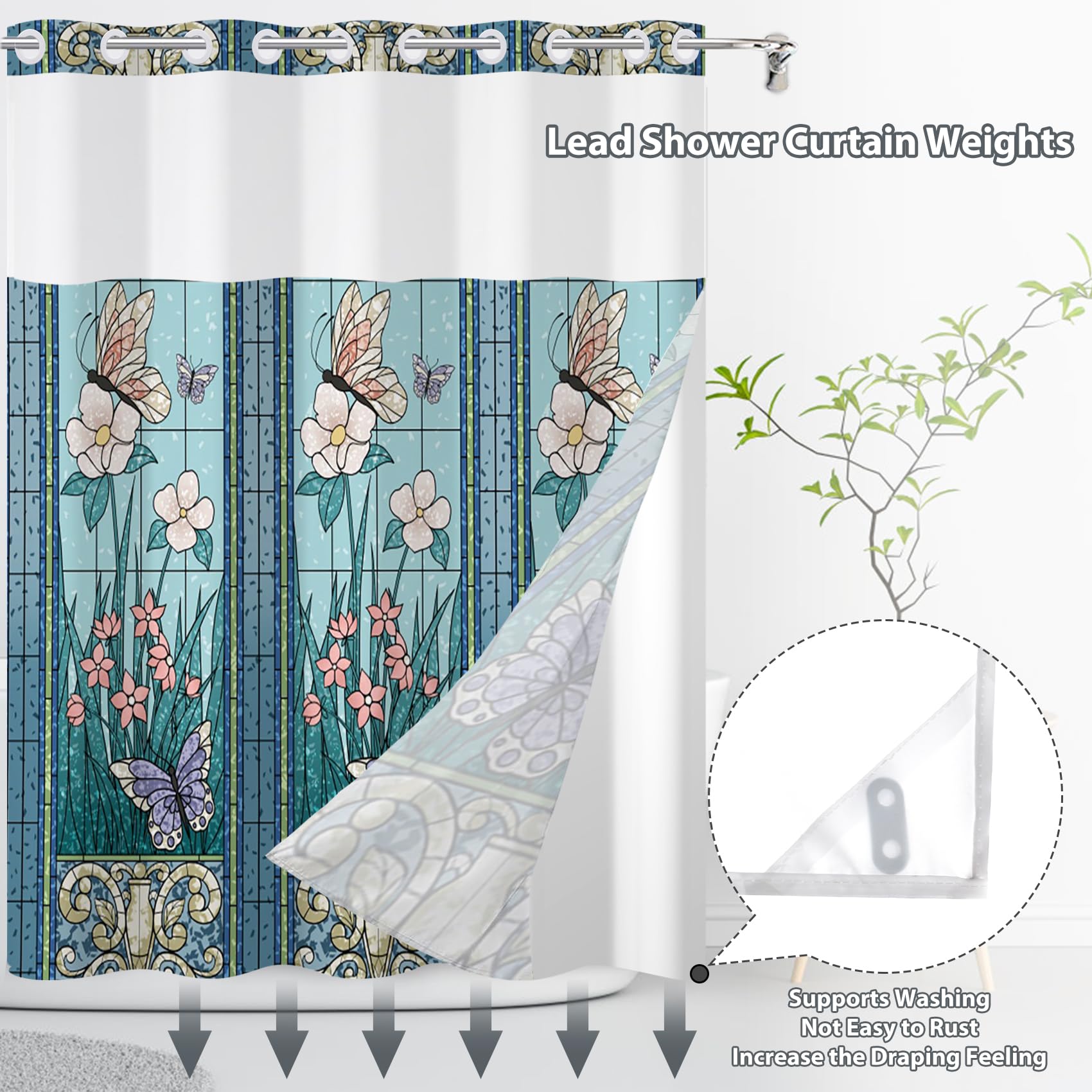Yanutan No Hook Shower Curtain,Blue Butterfly Garden Double-Layered Shower Curtain with Snap-in Liner and Weights,Fabric Bath Curtain with See Through Mesh, 71x74in