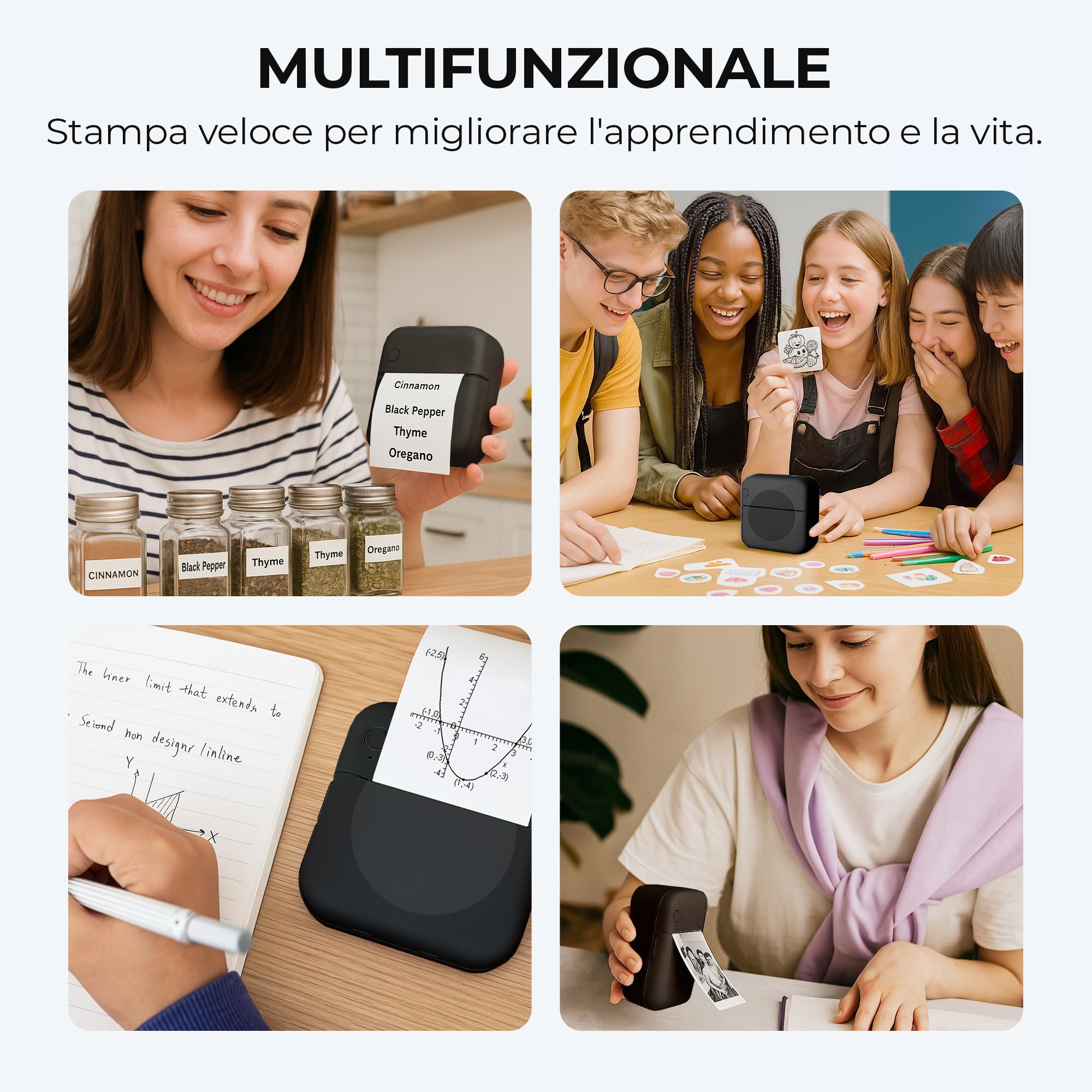 AgoDeo Mini stampante per smartphone – Mini Printer – Include 1 custodia rigida + 13 rotoli (adesivi, normali e colori) + 5 penne – stampante adesiva per studio, note, immagini, foto, diari (Nero)
