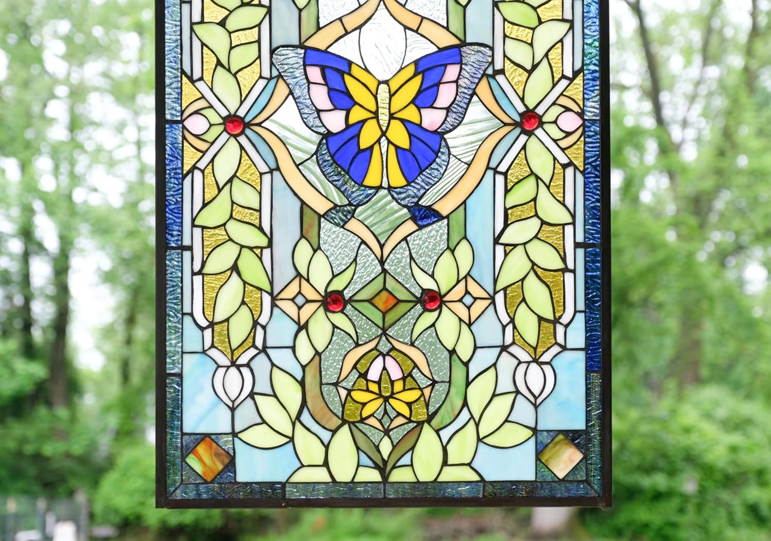 Handcrafted Hanging Stained Glass Window Panel Butterfly Flower, 20.5"x34.75"