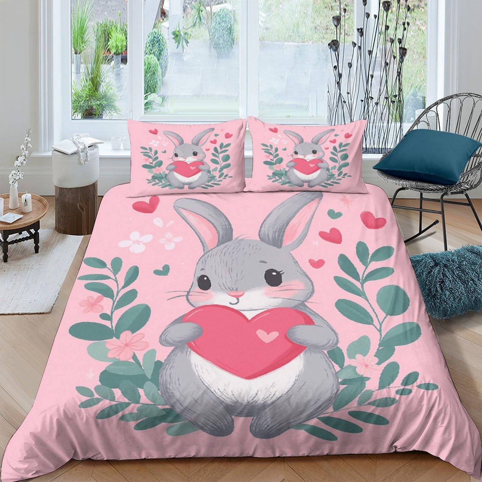 Ctjqhvkz Style-2 3D Printed Cute Bunny Fitted Sheet Microfiber Pink Cartoon Heart Mattress Cover For Bedroom Dorm Decorative Protection Single（135X200cm）