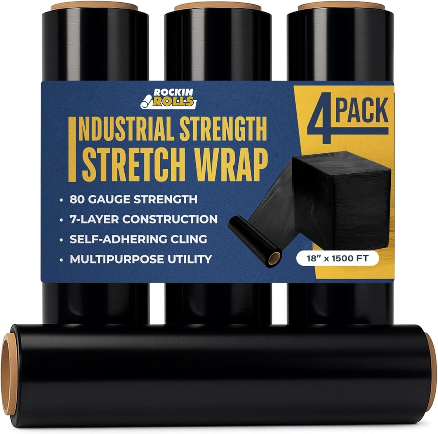 Rockin Rolls Stretch Film Wrap, 4 Rolls Heavy Duty Pallet Wrap – 18" x 1500 FT x 80 Gauge, Clear Plastic Moving Wrap for Packing, Shipping, Furniture & Luggage – Durable Self-Adhering Shrink Wrap Roll