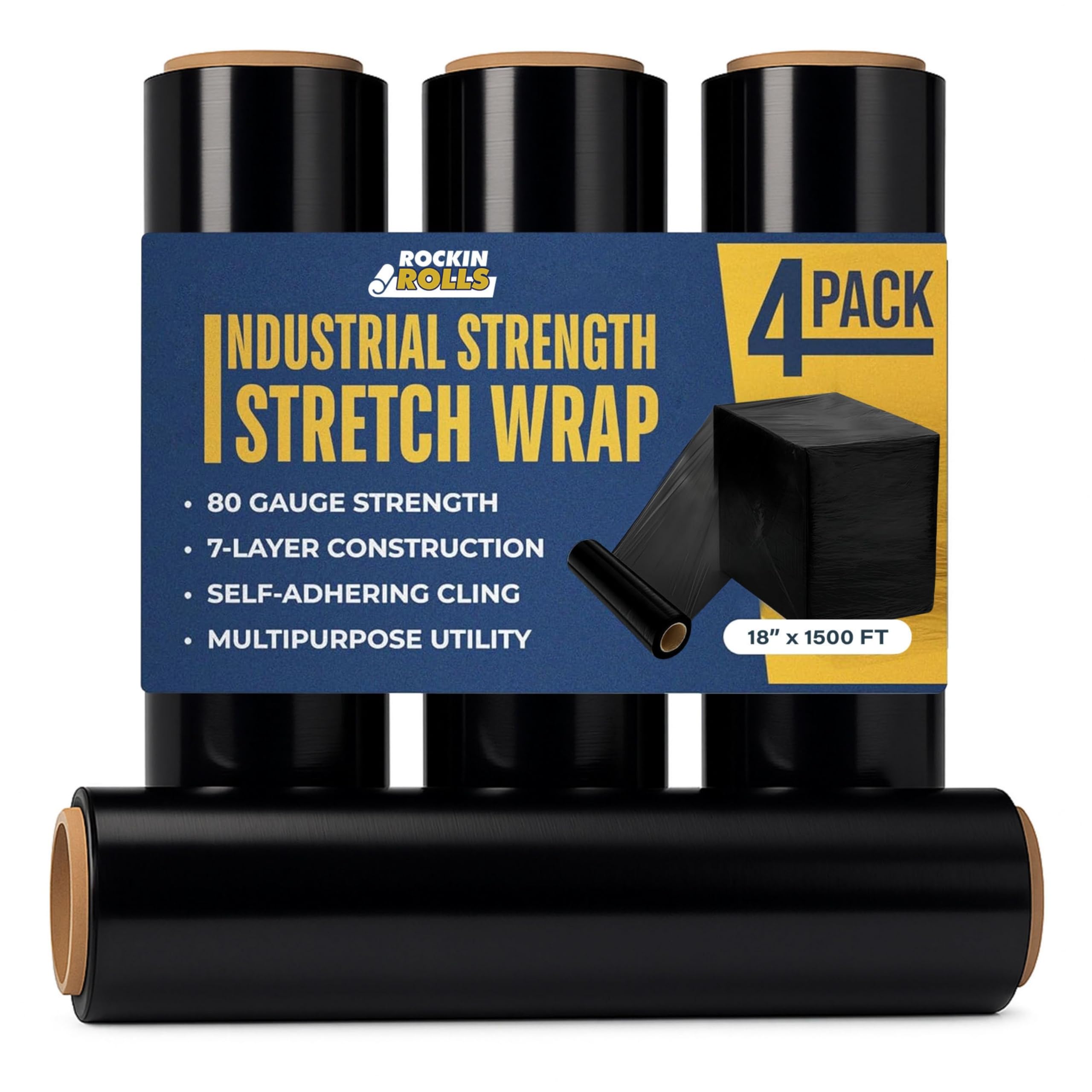 Stretch Film Wrap - Black, 18"x1500 ft, 80 Gauge – 4 Rolls Heavy Duty Pallet Wrap Stretch Wrap Roll for Packing, Moving & Shipping – Industrial