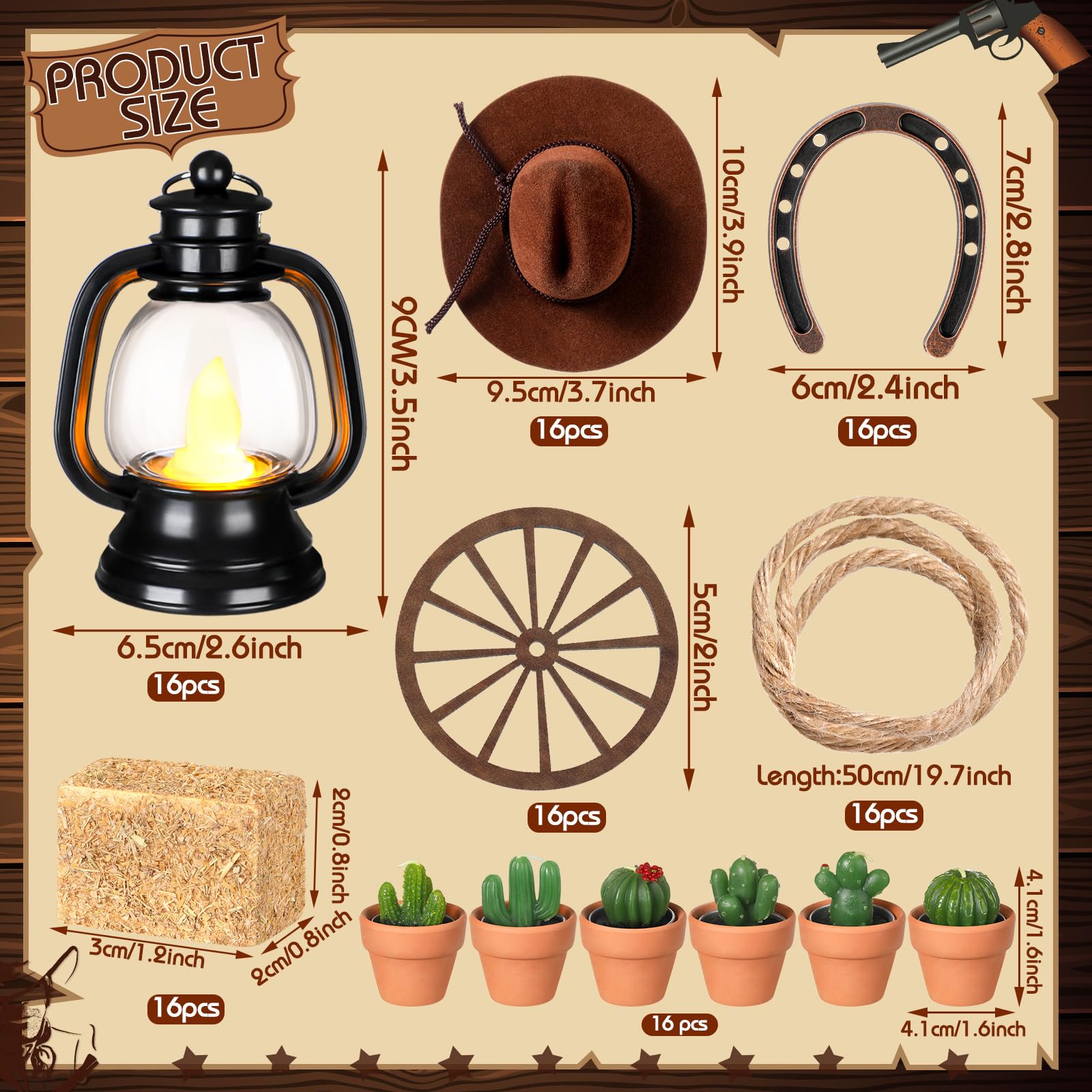 Ferraycle 128 pezzi decorazione per feste a tema occidentale centrotavola mini cappelli da cowboy lanterna con candela LED, lumini cactus, ferro di cavallo, ruota di carro, balle di fieno, corda per