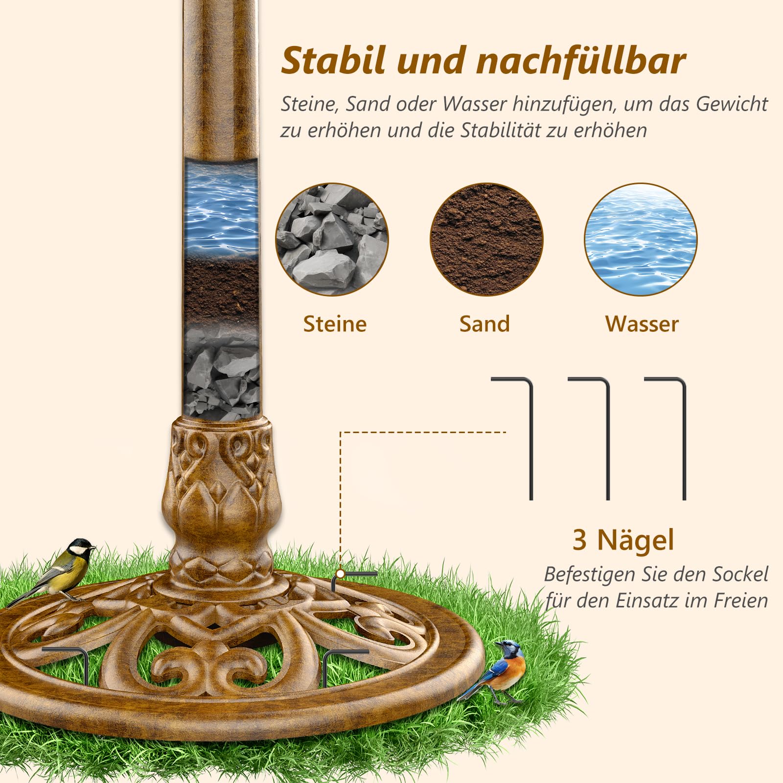 AISITIN Vogeltränke mit 3,5W Solar Springbrunnen, Futterplatz,Garten,Balkon Dekoration, Vogelbecken Vogel Futterstelle Tränke Bad für Balkon Terrasse Gartendeko Vogelbecken Bronzen Kunststoff Bronze