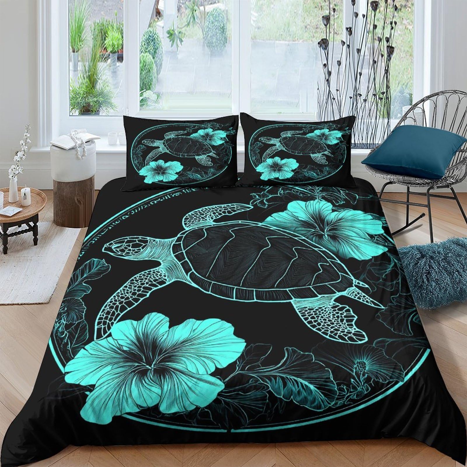 GPLZQXKJNH 3D Printed Sea Turtle Duvet Cover Microfiber Soft Breathable Hibiscus Bedding Set with 2 Pillowcases for Bedroom Rental Single（135x200cm）