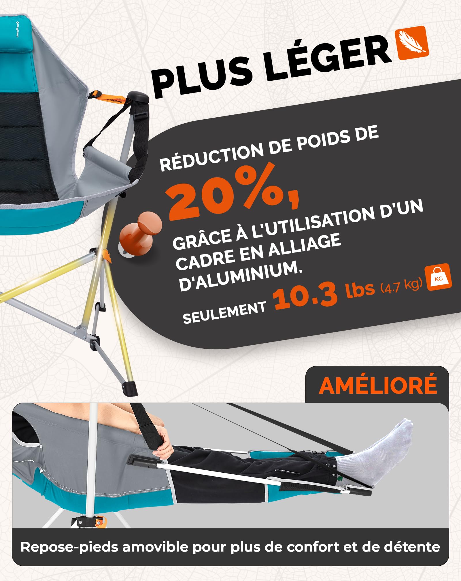 KingCamp Chaise de Camping à Bascule avec Repose-Pieds Pliable Cyan | Dossier Réglable 90–130°, Jusqu'à 180 kg, Cadre en Aluminium, Appui-Tête, Porte-Gobelet pour Camping et Jardin