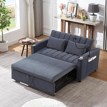 KLMM 55.9" Convertible Sofa Bed,Pull Out Loveseat with Three USB Ports, Two Side Pockets, Two Cup Holders and 360Swivel Phone Holder,for Living Room Bedroom Apartment Office Blue Grey@Phone Holder
