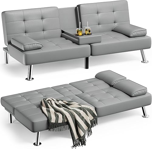 Miniatura 8 de Homall Sofá Cama Futón, Sofá Futón de Cuero con Reposabrazos Removibles, Sofá Cama Reclinable para Dormir Ajustable con Portavasos Dobles para Sala
