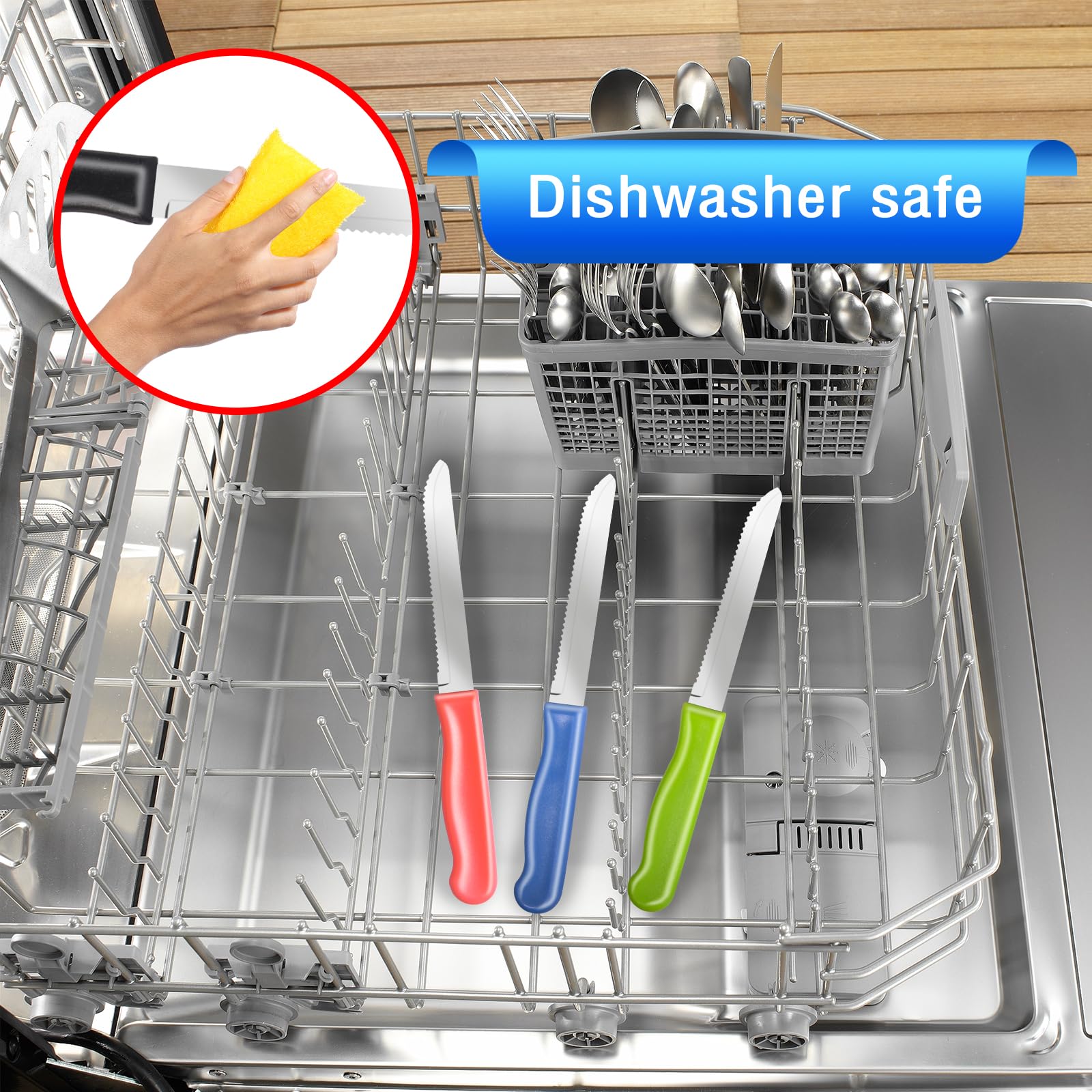 XIKAYA Set di 8 Coltelli da Cucina e da Tavola, Acciaio Inox Colorato - Multiuso per Colazione, Bistecca, Pane, Pomodoro (Incluso Seghettato e Affettatore)