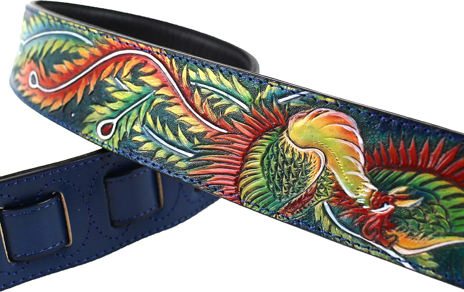 Walker And Williams KB-32 Skinny Series 2" Wide Cobalt Blue Premium Grain Leather Padded Guitar Strap With Hand Tooled Red And Gold Phoenix Design