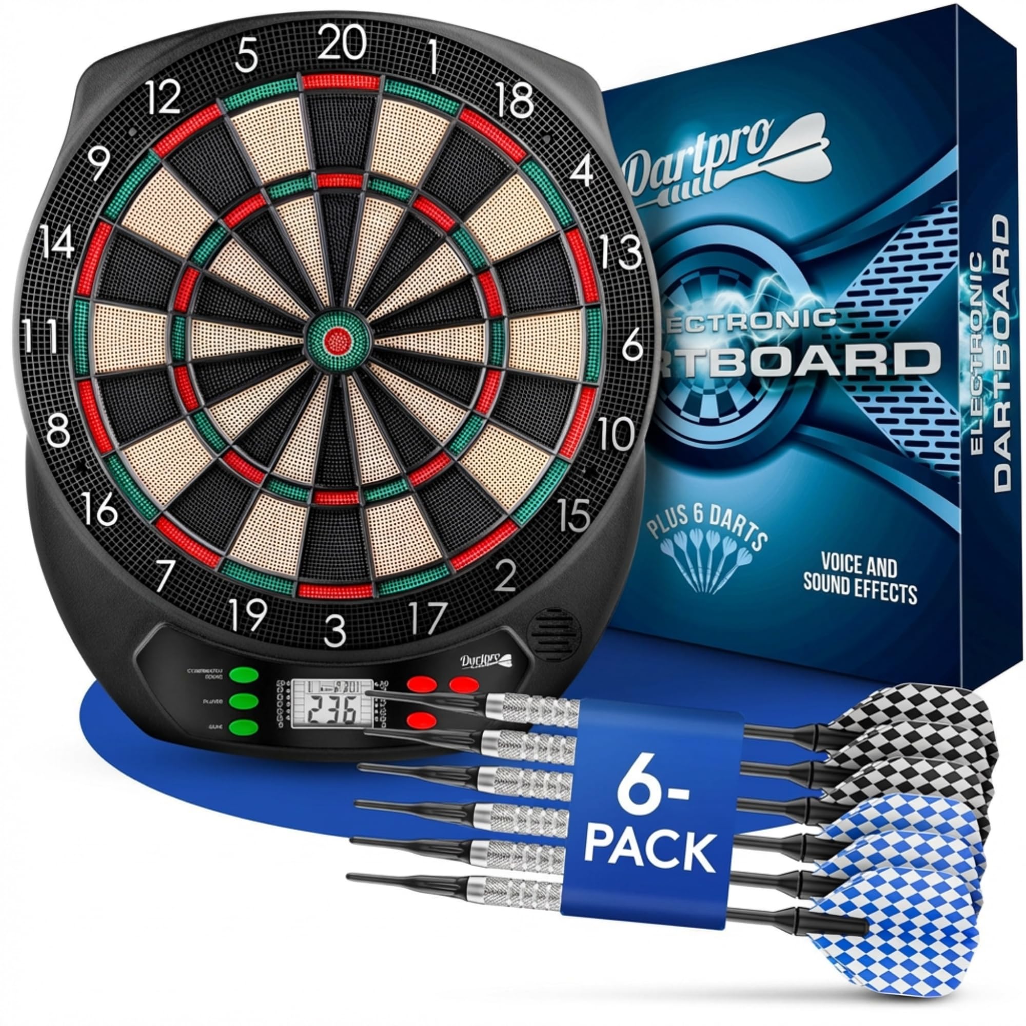 DartPro Electronic Dartboard for 1-8 Players – 65 Game Variants with Double In & Double Out – Wireless Soft Tip Dart Board Set with 6 Darts, LCD Display, Sound Effects – Professional Dart Machine