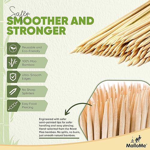 Miniatura 3 de MalloMe Brochetas de bambú de 8 pulgadas, 100 palitos para asar malvaviscos, 0.157 in de grosor, madera larga, resistente, palitos de caramelo de