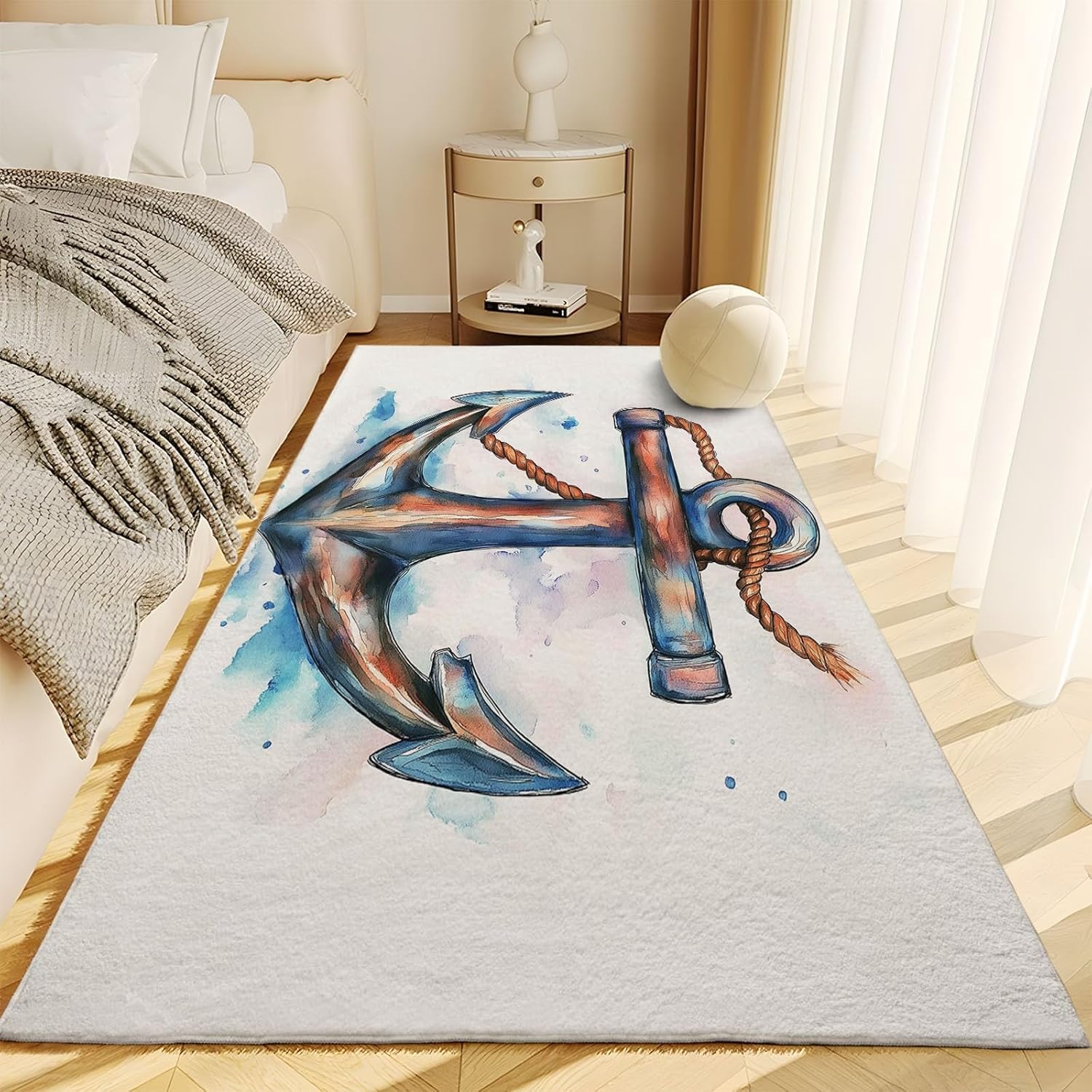 Area Rug 2x3 ft Washable Living Room Rug, Watercolor Coastal Theme Soft Indoor Non Slip Low Pile Large Area Rug, Carpet for Bedroom, Bedside, Kids Room, Office, Dining Room