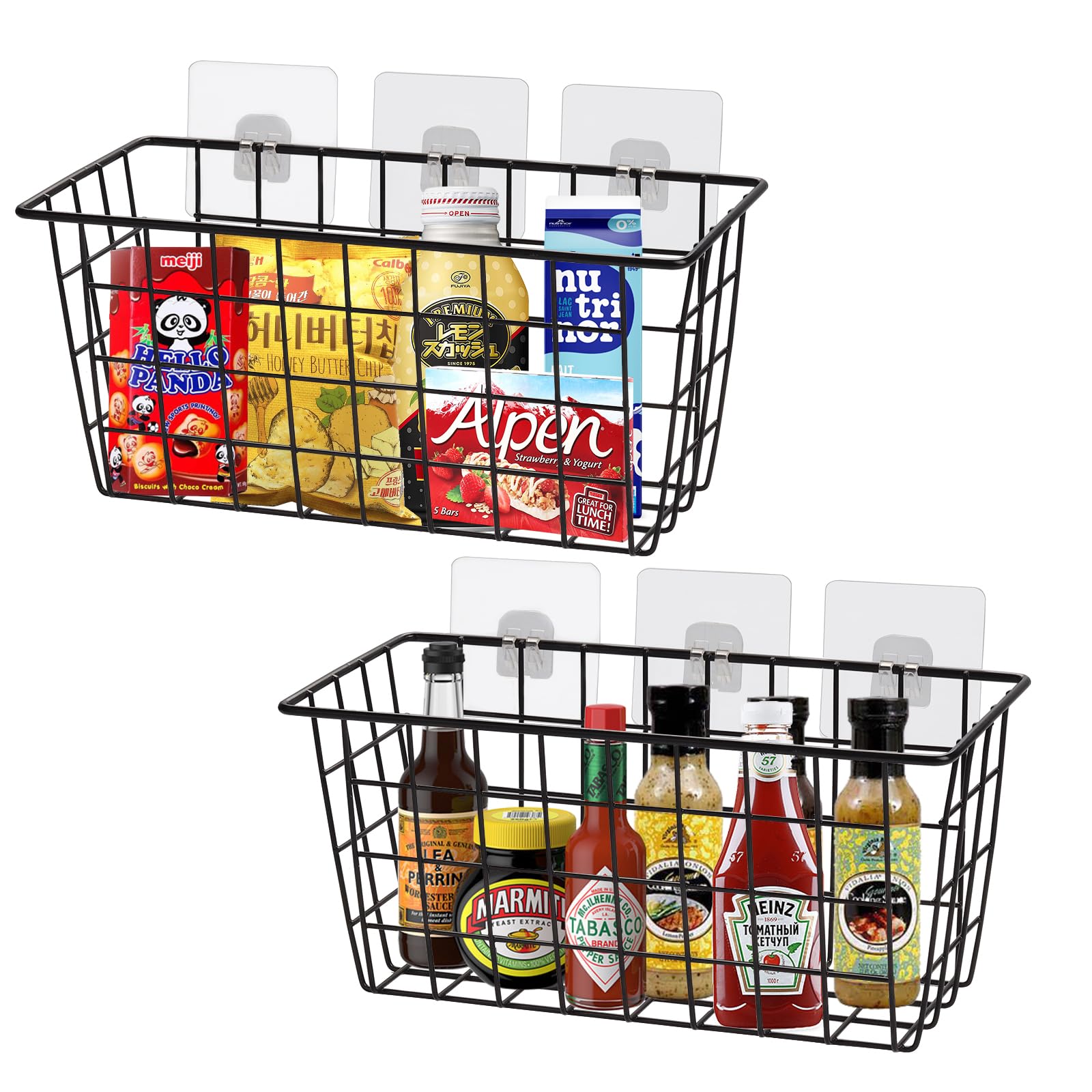 Photo 1 of 2 PCS Hanging Kitchen Baskets For Storage Adhesive Sturdy Small Wire Storage Baskets with Kitchen Food Pantry Bathroom Shelf Storage No Drilling Wall Mounted Black-2 Pack