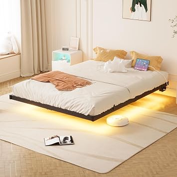 King Size Bed Frame Floating Bed Frame with LED Lights and Charging Station,Metal Bed Frame King Size Bed Base,Mattress Foundation,Heavy Dut Steel Slats/Under-bed Storage/Noise Free/Black
