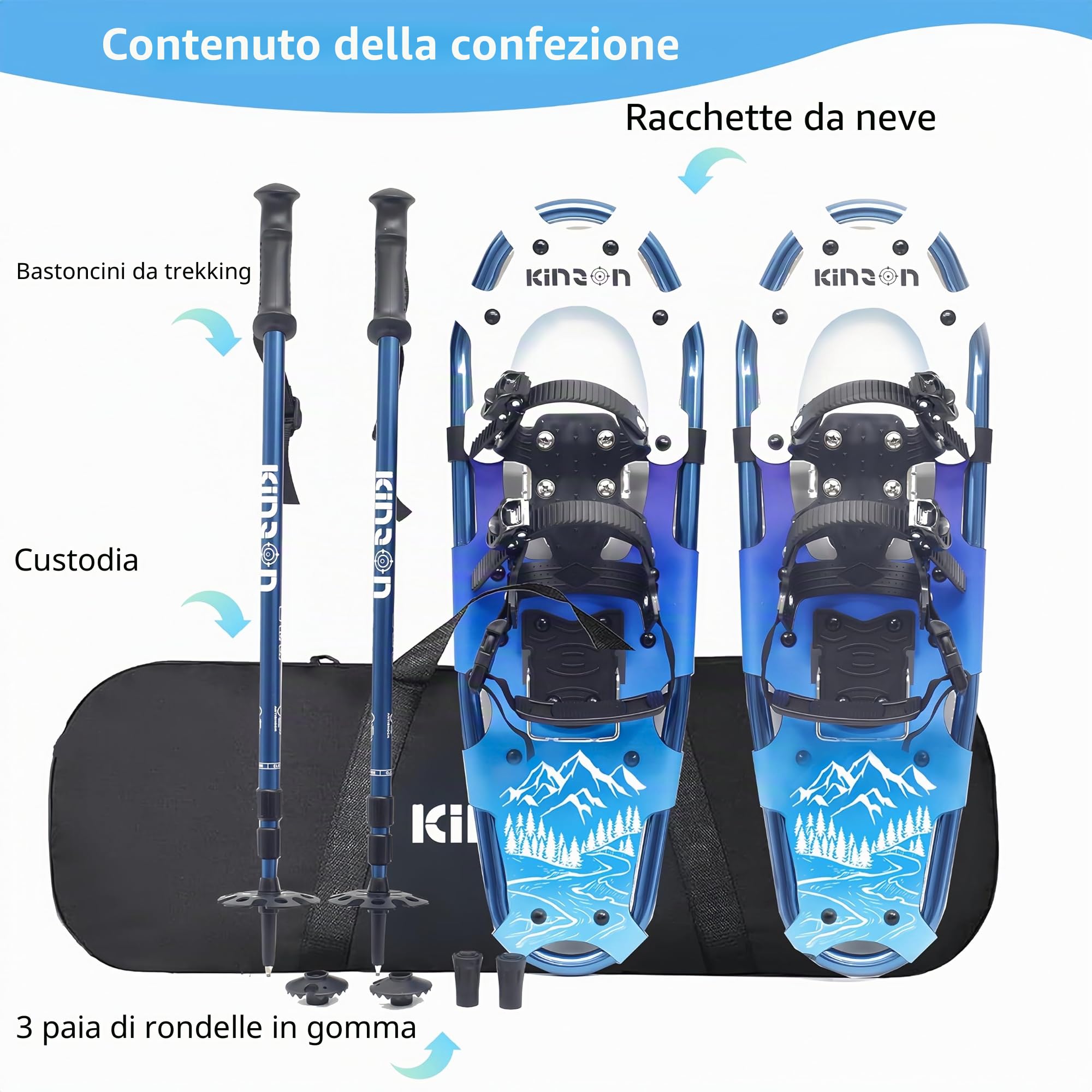 KinZon Racchette da neve 3 in 1, leggere e resistenti, con bastoni da trekking e borsa da trasporto, dispositivo di sollevamento del tallone,per escursioni