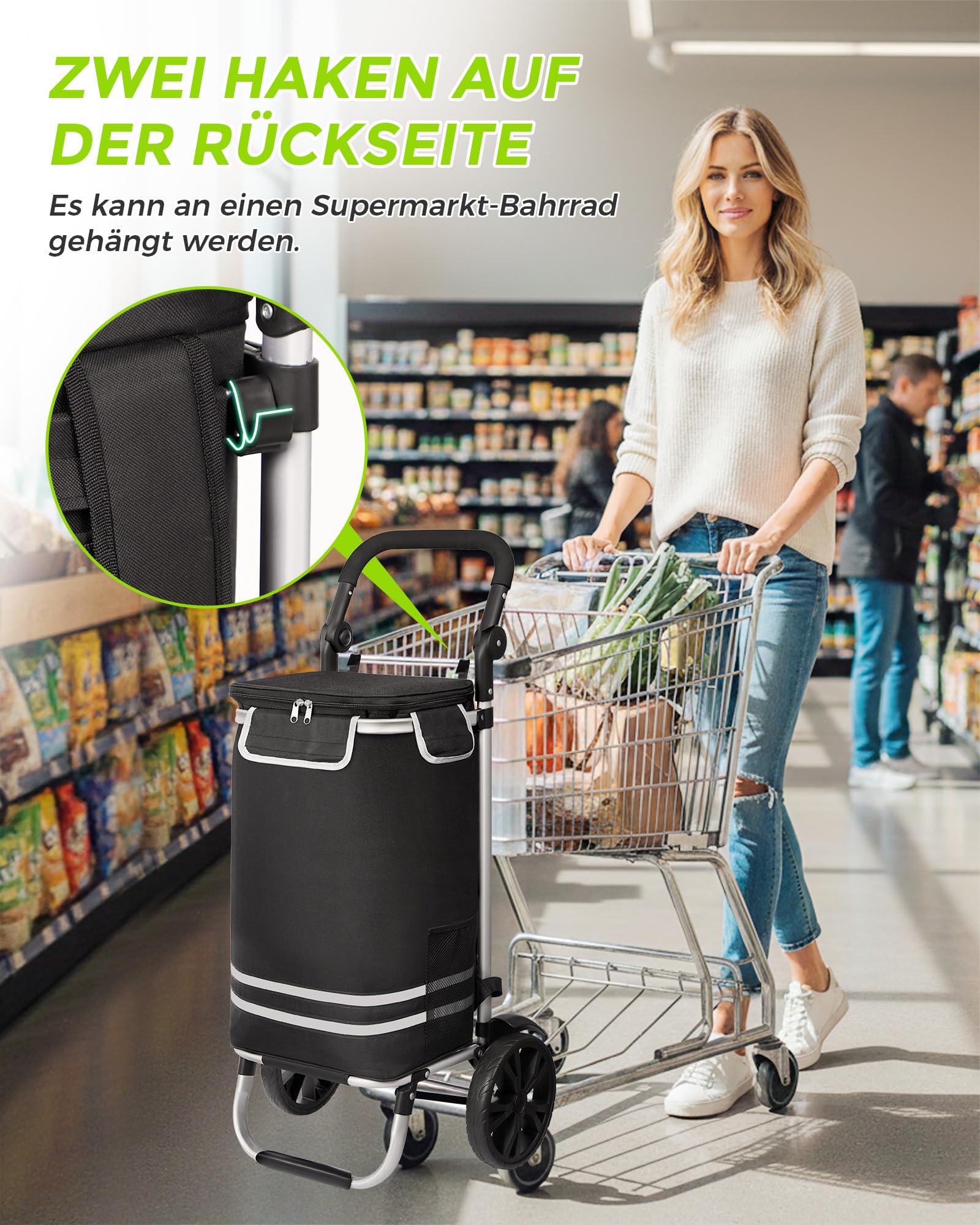 Oak & Tea Einkaufstrolley Klappbar 56L mit Kühlfach – 50kg Traglast Hackenporsche Aluminium, leise Räder, wasserdichter Oxford-Stoff, Isoliertasche Shopping Trolley
