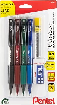 Pentel Twist-Erase EXPRESS Mechanical Pencils, 0.9mm, Assorted Barrel Colors, Pack of 4 Pencils, Lead + Small Block Eraser