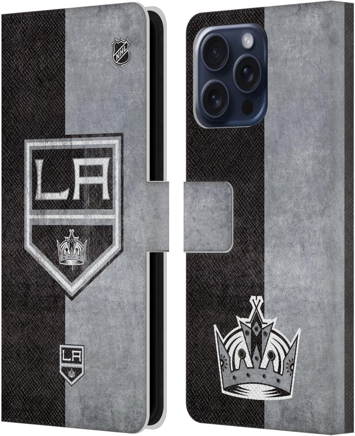 Head Case Designs Officially Licensed NHL Half Distressed Los Angeles Kings Leather Wallet Case Compatible with Apple iPhone 16 Pro Max