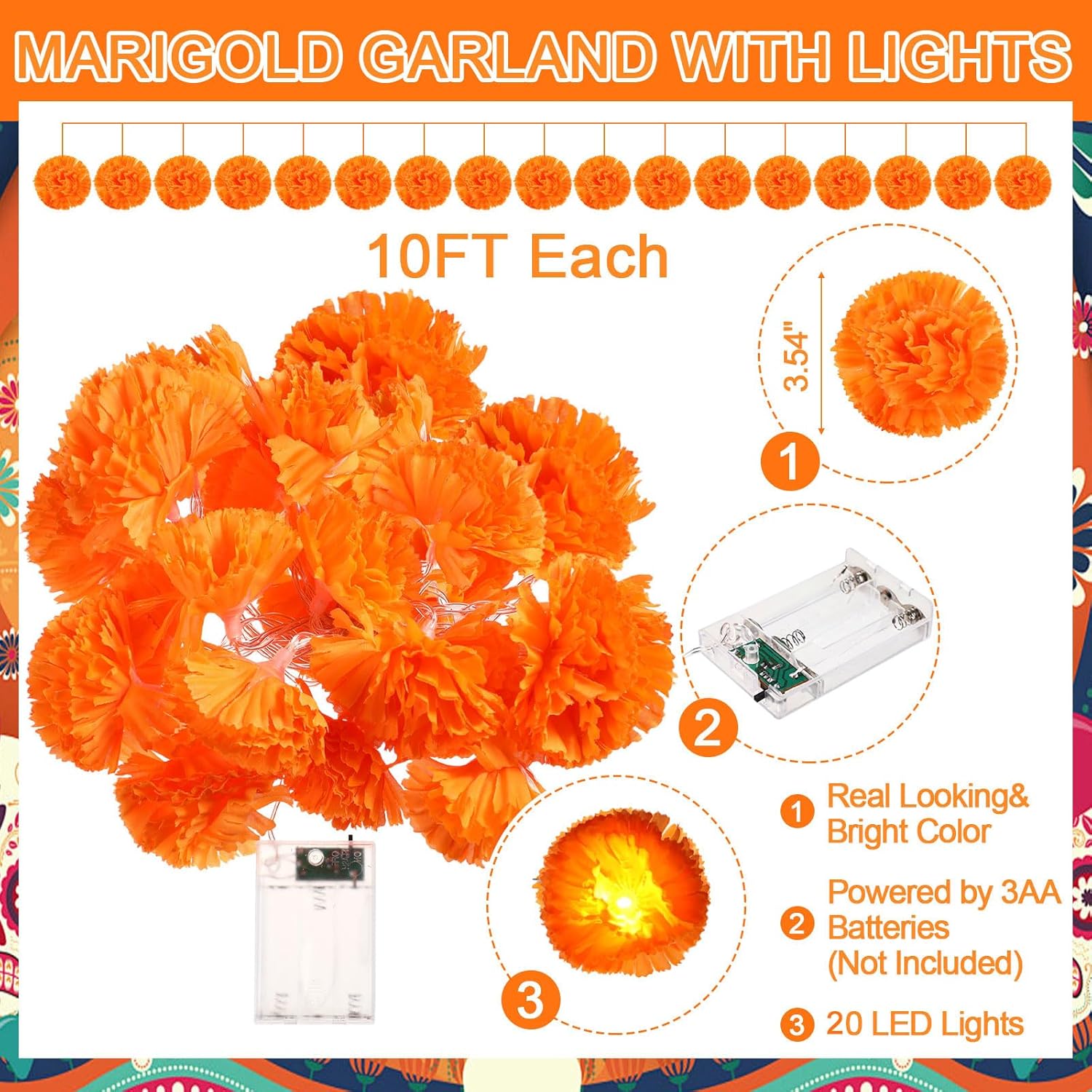 Hotop 46 Pcs Dia De Los Muertos Decorations Kit, Marigold Garland String Light, Sugar Skull Table Runner,30 Flowers, 12 Butterfly,2 Banners for Day of The Dead Ofrenda Altar Decor(Orange)