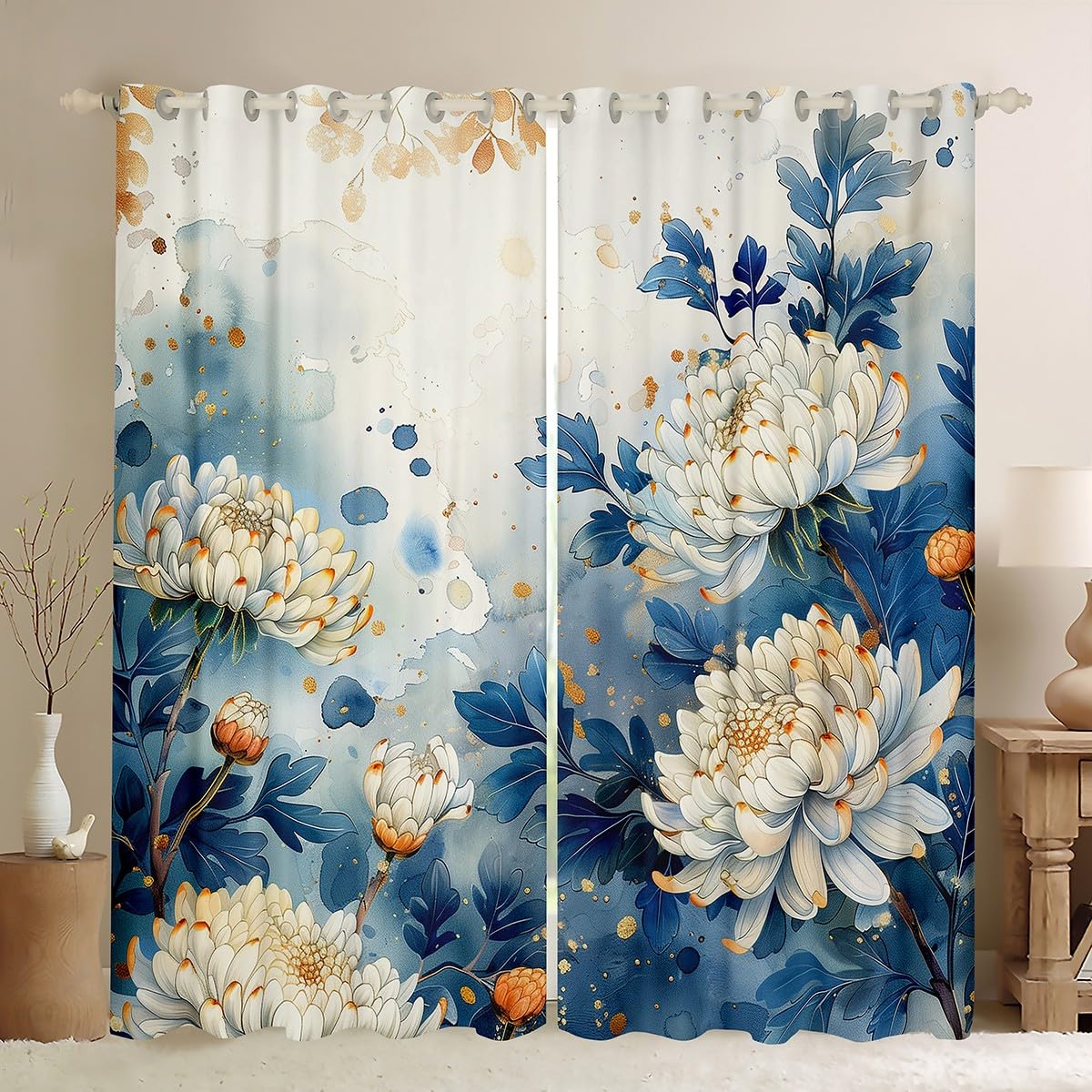 Erosebridal White Chrysanthemum Curtains for Kids Girls Chic Floral Blackout Curtains 84x90,Spring Garden Curtains & Drapes Watercolor Style Bedroom Curtains Plant Botanical Window Treatments