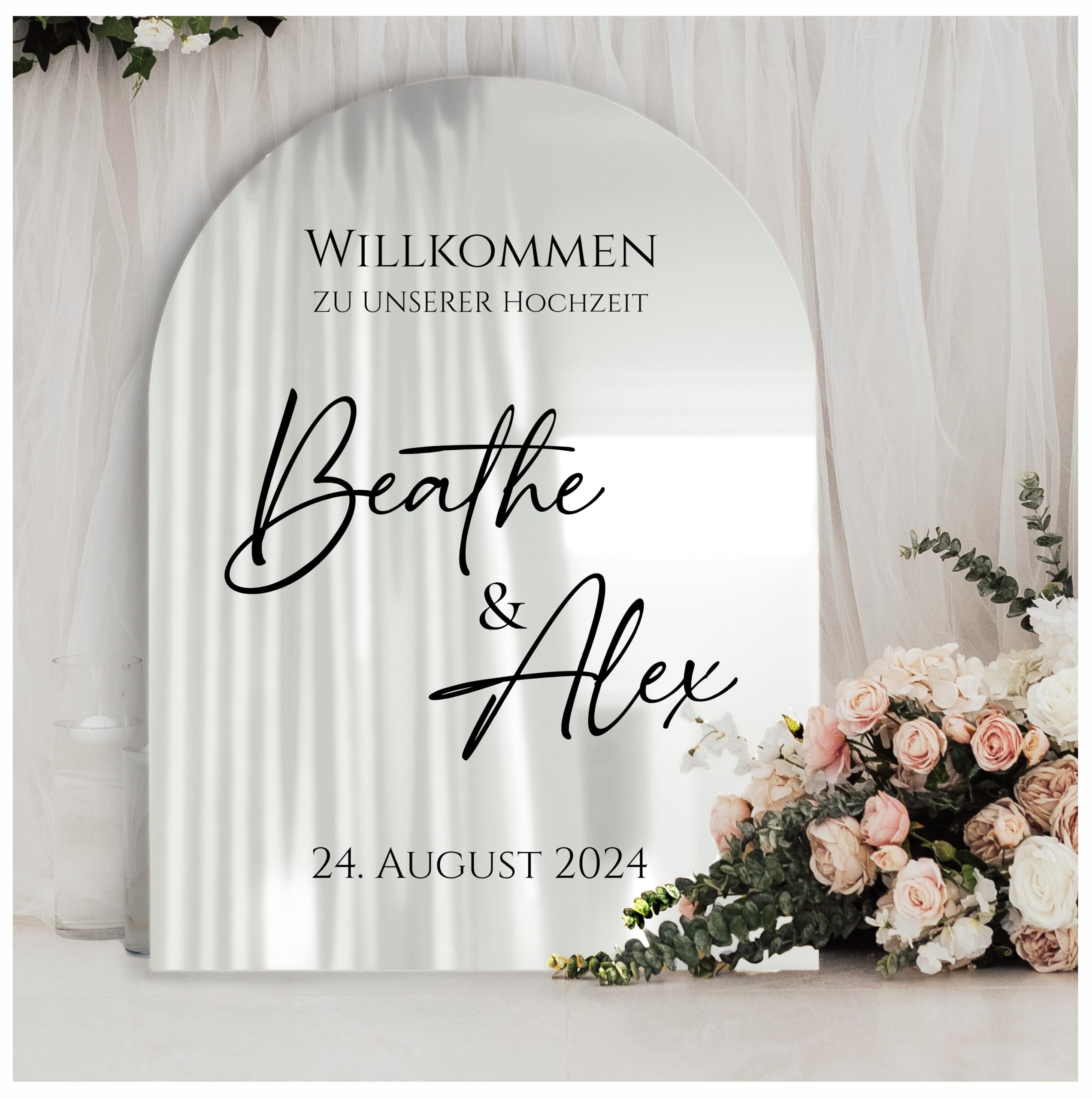 Manschin-Laserdesign Willkommensschild Acrylglas Spiegel personalisiert in veschiedenen Farben - Made in Germany - Welcome Willkommen Schild für Hochzeit (60x40, Silber)