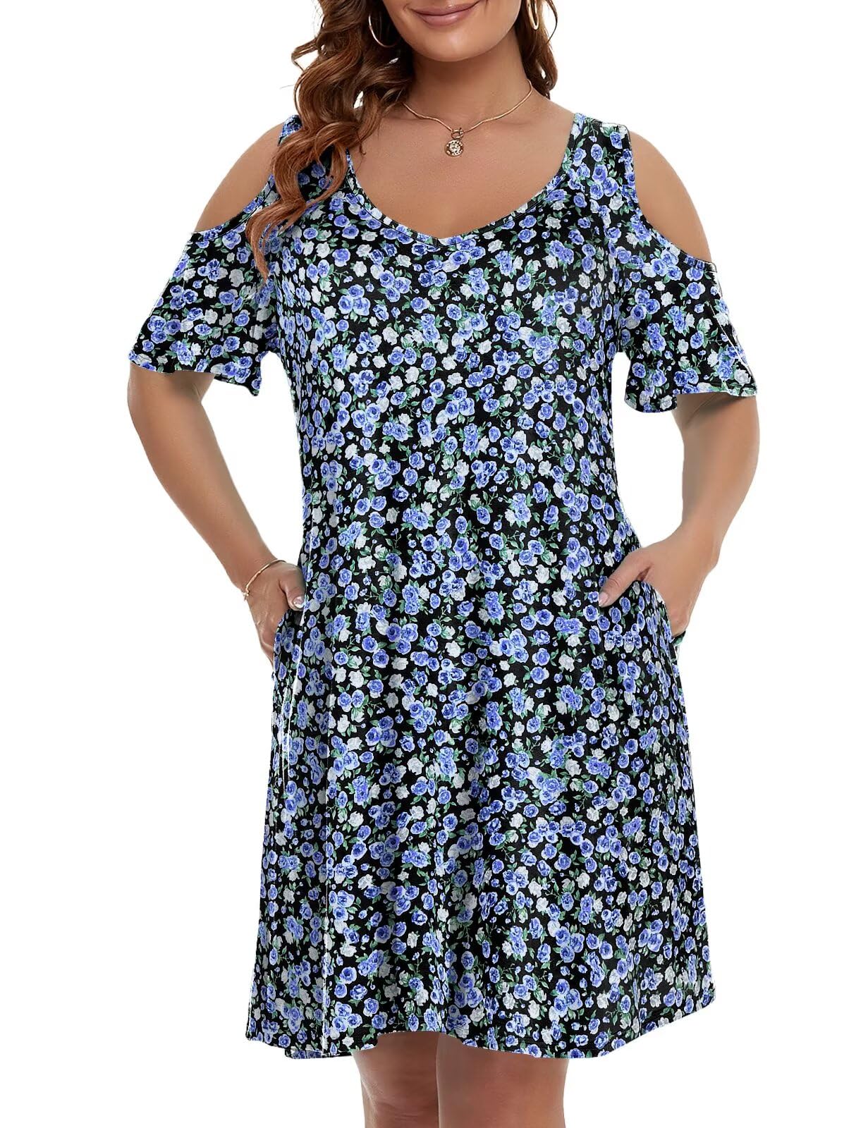 JollieLovin Womens Plus Size Short Sleeve Cold Shoulder V Neck T-Shirt Dress with Pockets