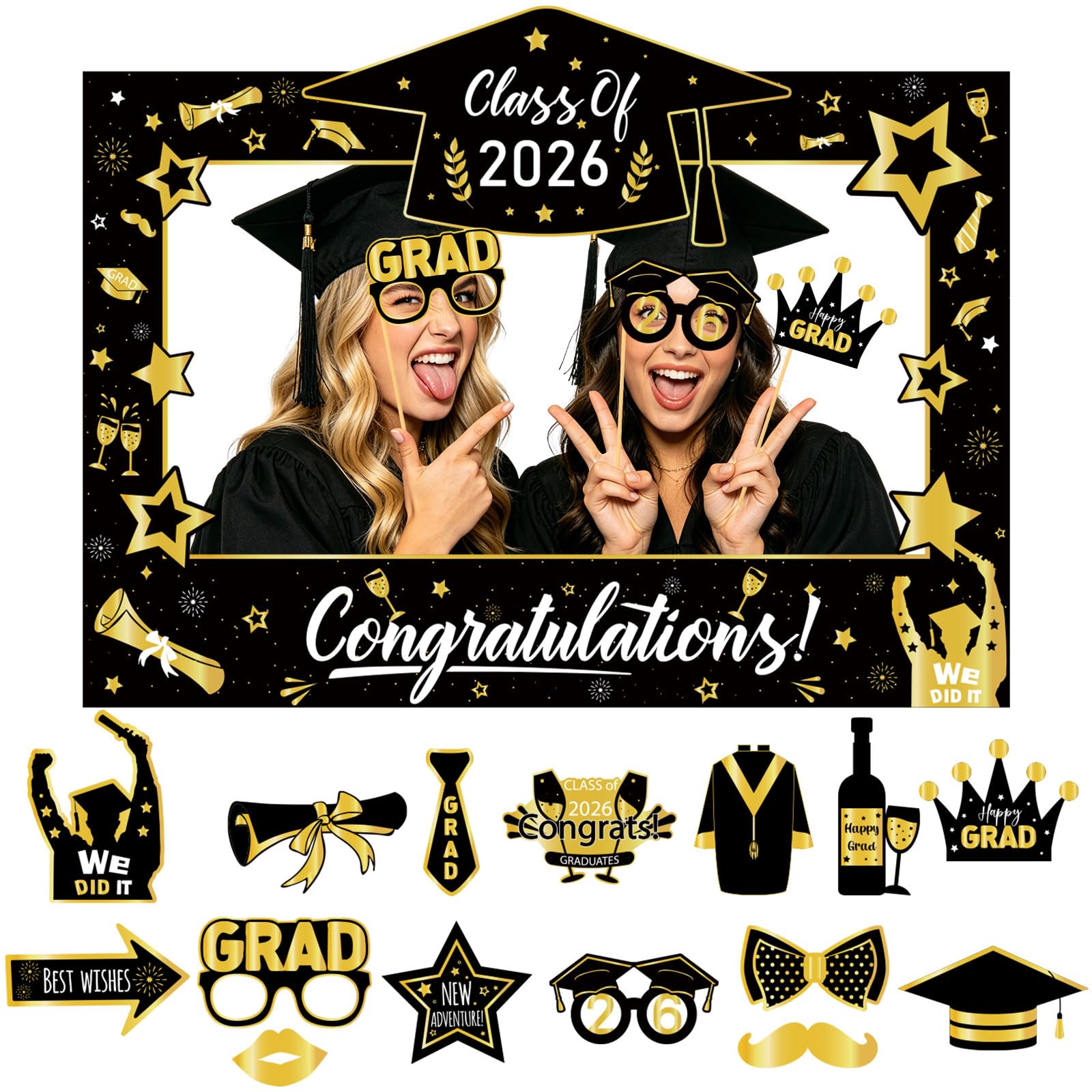 Class of 2026 Graduation Photo Booth Props, 15Pcs Photo Booth Accessories with Large Selfie Frame, Black Gold Graduation Party Decorations, Photography Supplies for Graduation Celebrations