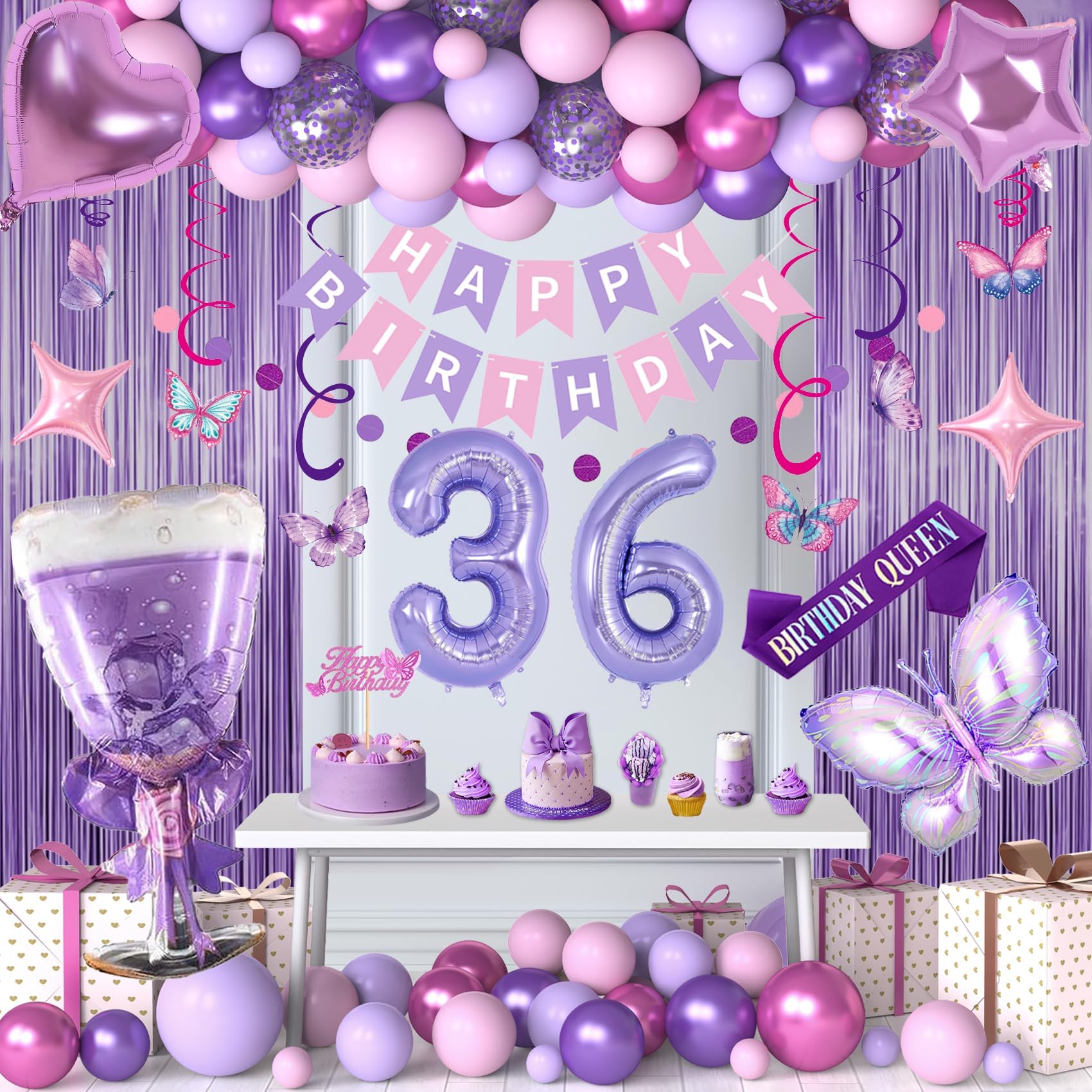 36th Purple Birthday Decorations, Pink Purple 36th Birthday Decorations for Women Girls Lavender Party Decor Set with Number Balloons, Foil Balloons,