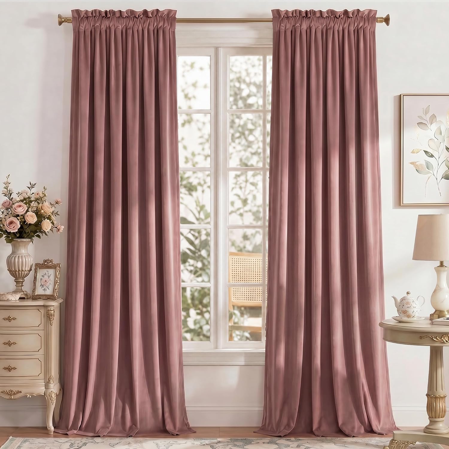 RYB HOME Dusty Rose Pink Velvet Curtains for Girls Bedroom, W40 x L84