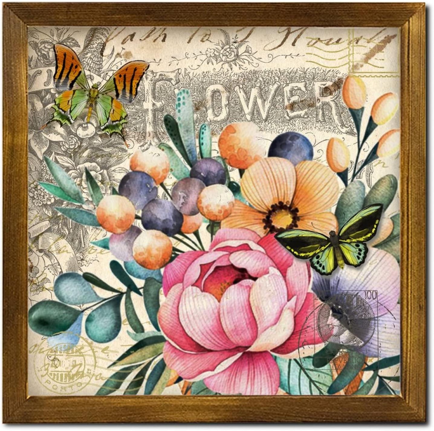 French Yellow Butterfly Rose Flower Wooden Framed Signs Vintage French Poster Wood Plaque Sign Farmhouse Summer Floral Wooden Wall Art Decoration for Bedroom Living Room Office Home Wall 12x12 inch