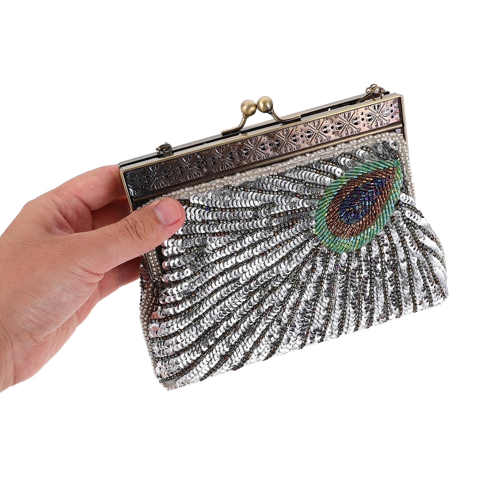 Vintage Pailletten Clutch mit Perlenbesatz Handgefertigte Abendtasche mit Pfauenmotiv Kompakte Bankett Schultertasche für Damen Elegantes Accessoire für Hochzeit und Party