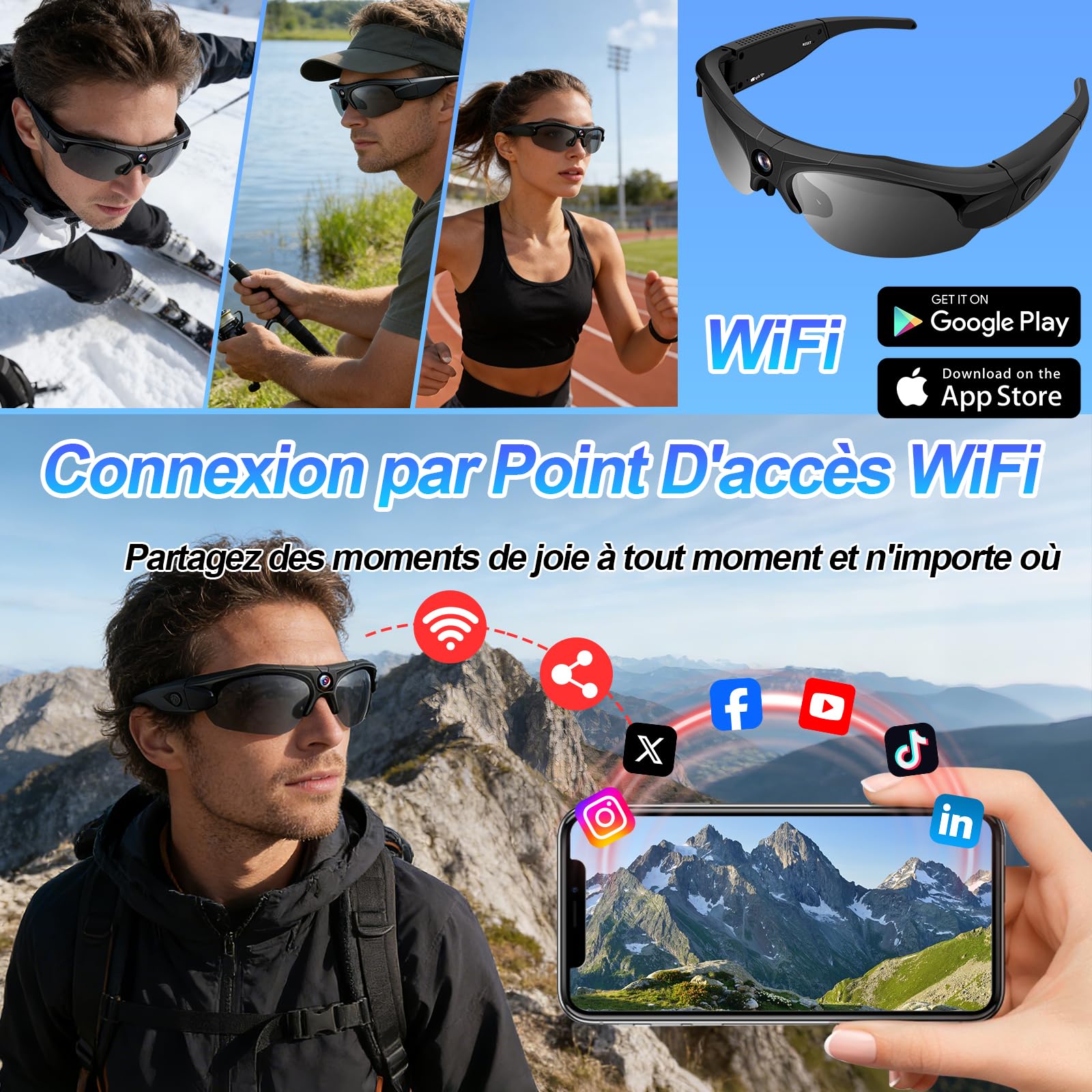 TANGMI Lunette Camera Sport 1080P HD Grand Angle 120° WiFi Enregistrement 2 Heures Cyclisme Ski Plein Air