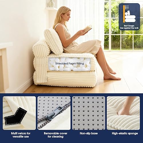 Miniatura 7 de KINGYES Sofá cama plegable, silla convertible de pana con almohada, futón individual plegable, sofá de suelo, sala de estar, color beige