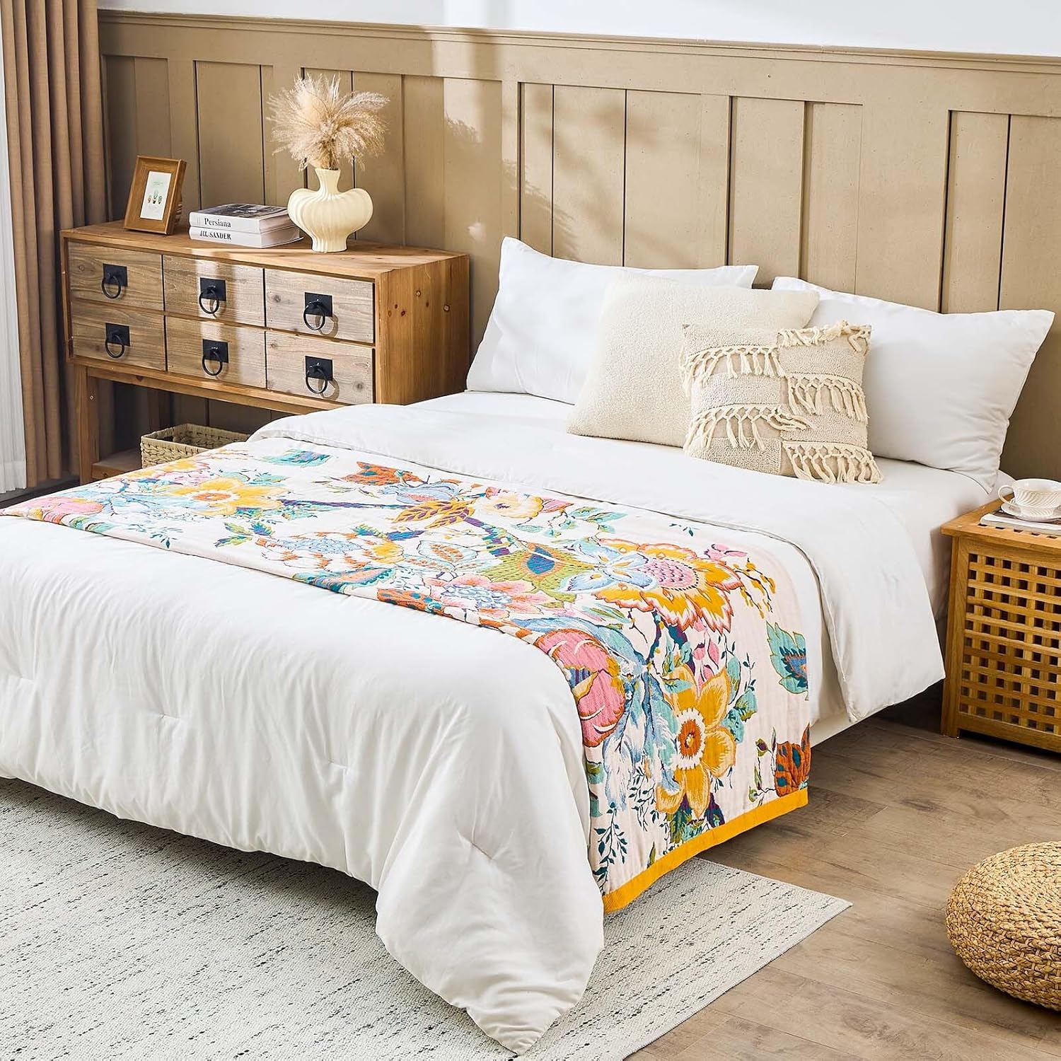 Farmhouse Throw Blanket, 60"x 80" Boho Throw Blankets for Couch Cover, 100% Cotton Bohemian Vintage Quilt for All Seasons Reversible Florals Lightweight Picnic Blankets Home Decoration - Image 8