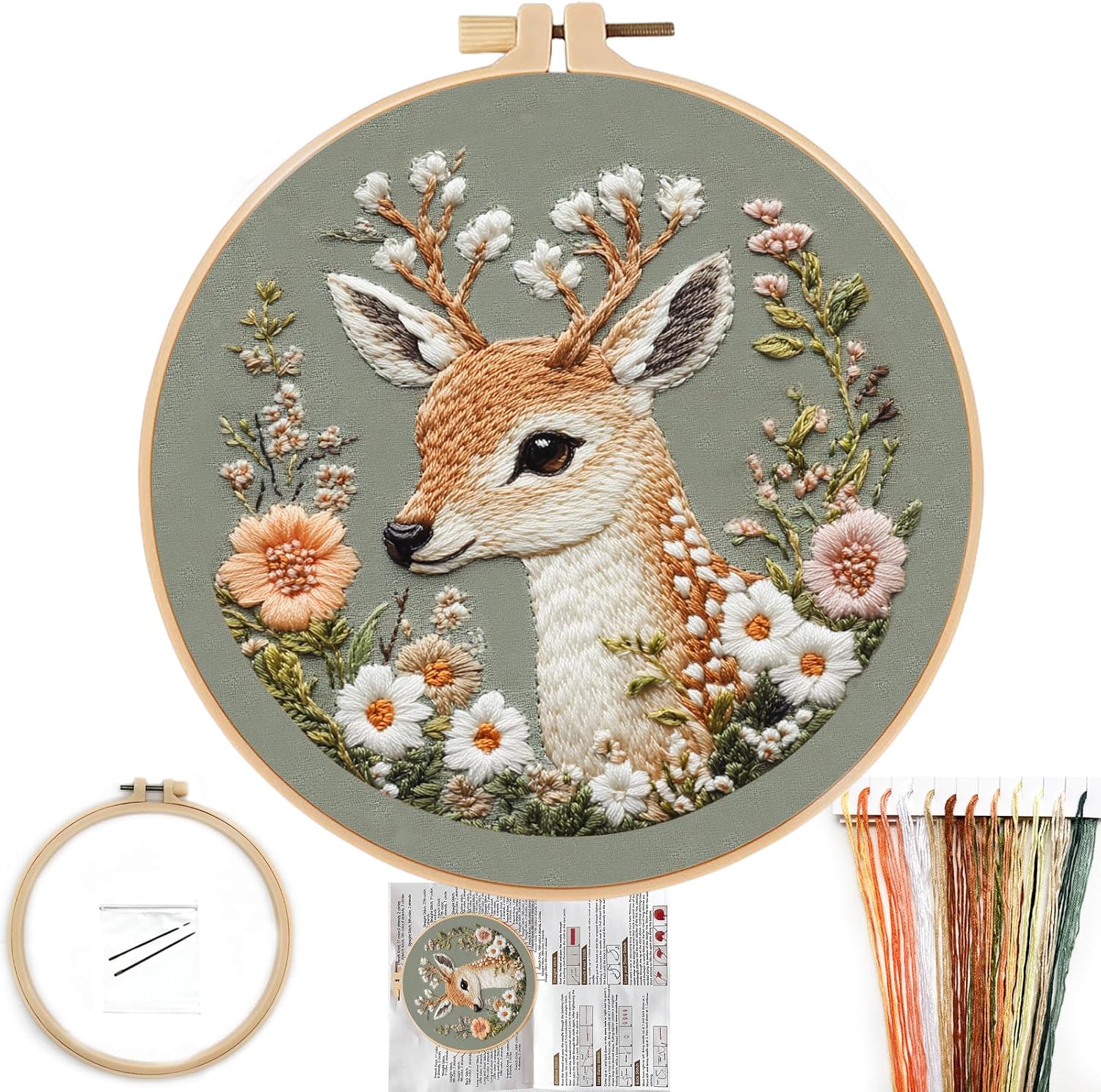 FONNUY Printed Deer and Floral Embroidery Kit with Hoop, Cross Stitch Kits for Beginners, Handmade Crafts, Easy to Follow Color Thread Needlework, 8'' Hoop (Deer and Blossoms)