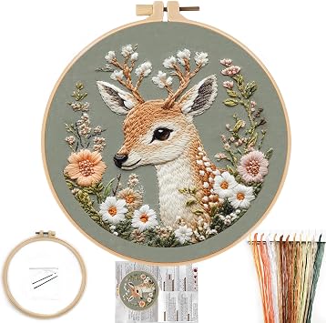 FONNUY Printed Deer and Floral Embroidery Kit with Hoop, Cross Stitch Kits for Beginners, Handmade Crafts, Easy to Follow Color Thread Needlework, 8 Hoop Deer and Blossoms