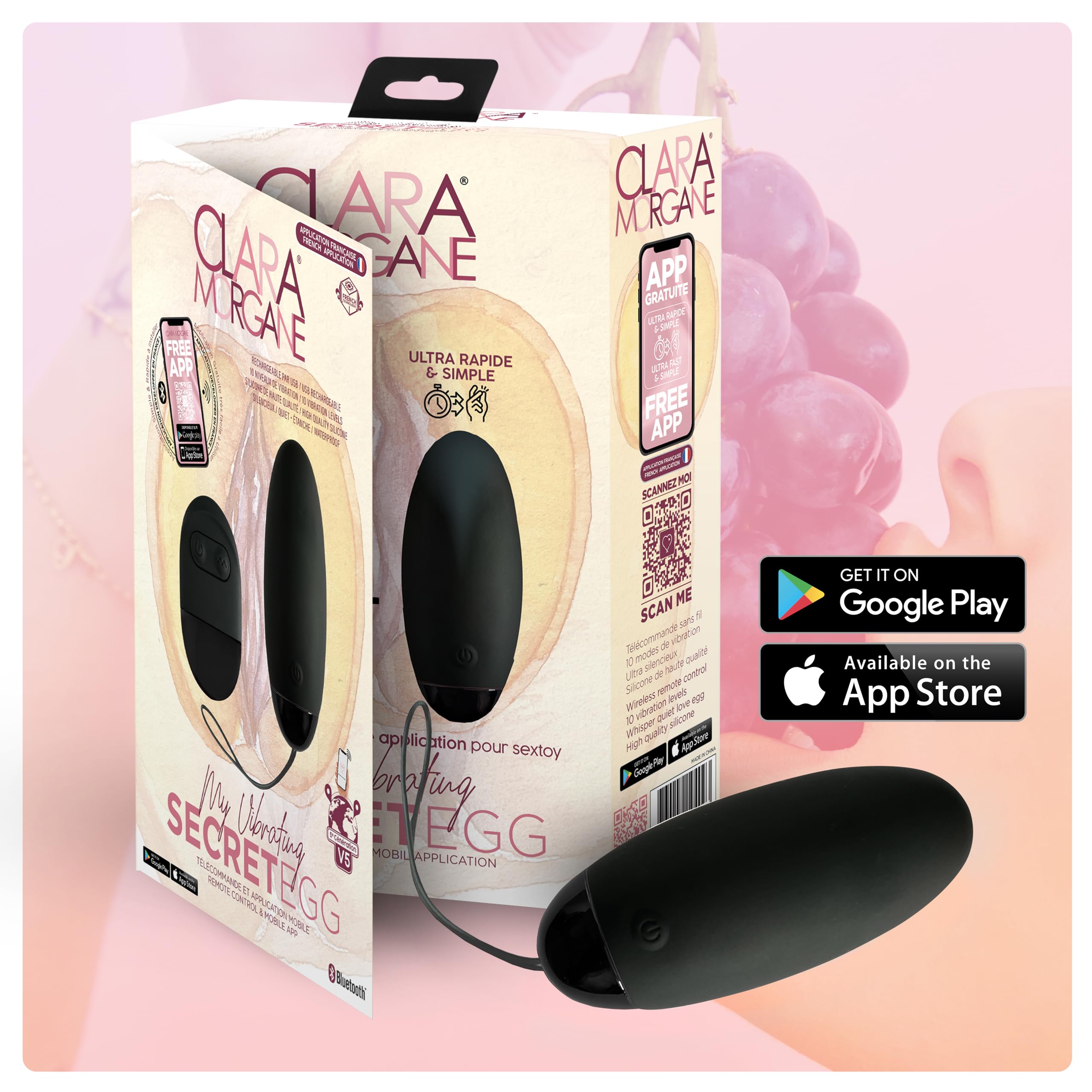 My Vibrating Secret Egg - Oeuf Vibrant Clara Morgane avec application à distance - Couleur noire
