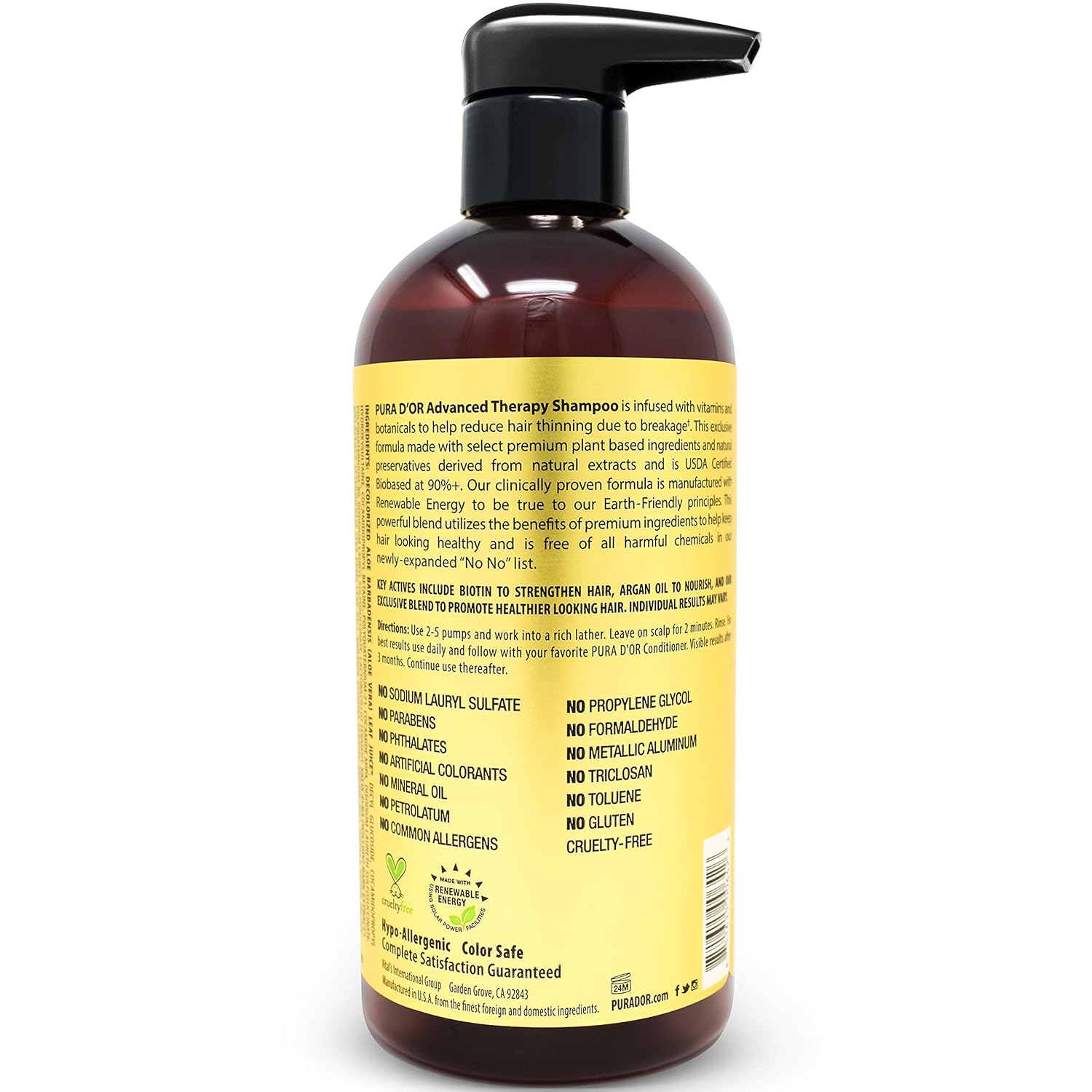 PURA D'OR Advanced Therapy Shampoo (16oz) Reduces Hair Thinning & Increases Volume, No Sulfate, Biotin Shampoo Infused with Argan Oil, Aloe Vera for All Hair Types, Men & Women (Packaging May Vary) : Beauty & Personal Care