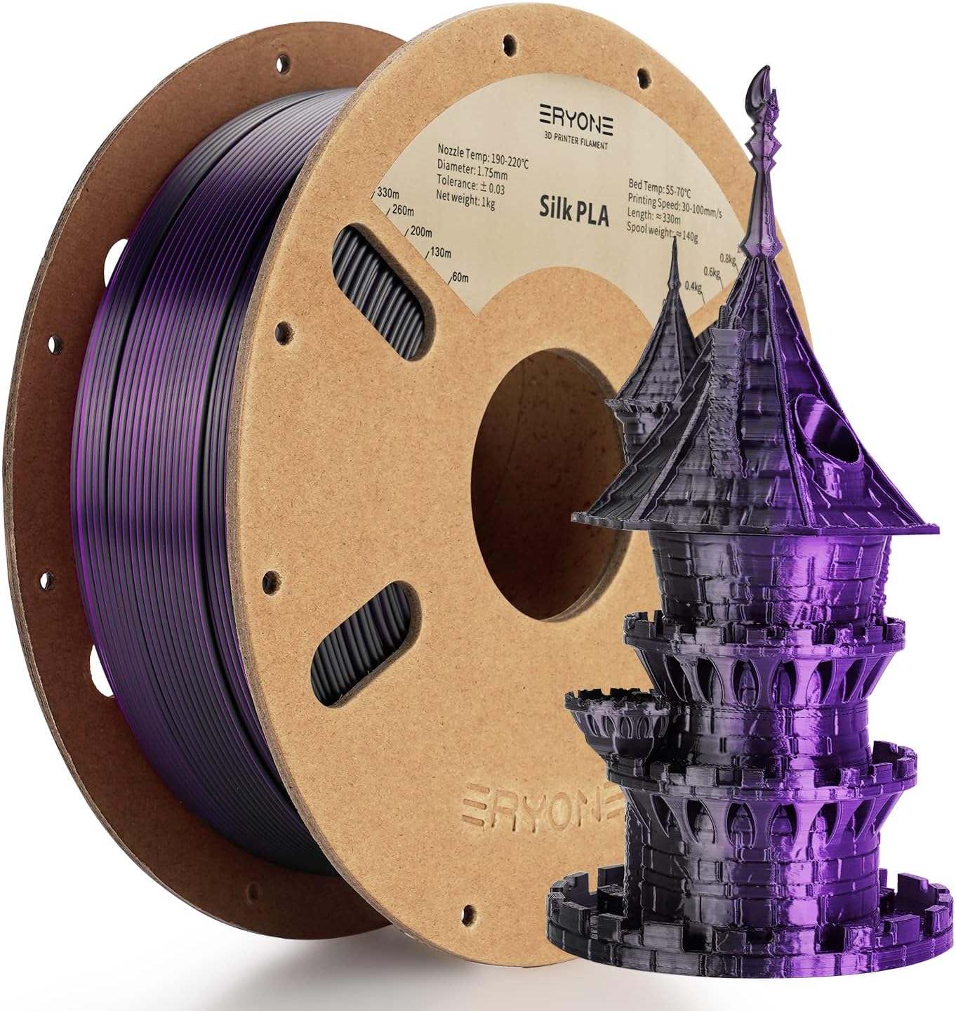 ERYONE Silk Dual Color PLA Filament 1.75mm, Co-Extrusion PLA Silk Filament for 3D Printer, Bicolor Silk Two-Tone PLA, +/-0.03mm, 1KG Spool, Silk Black Purple