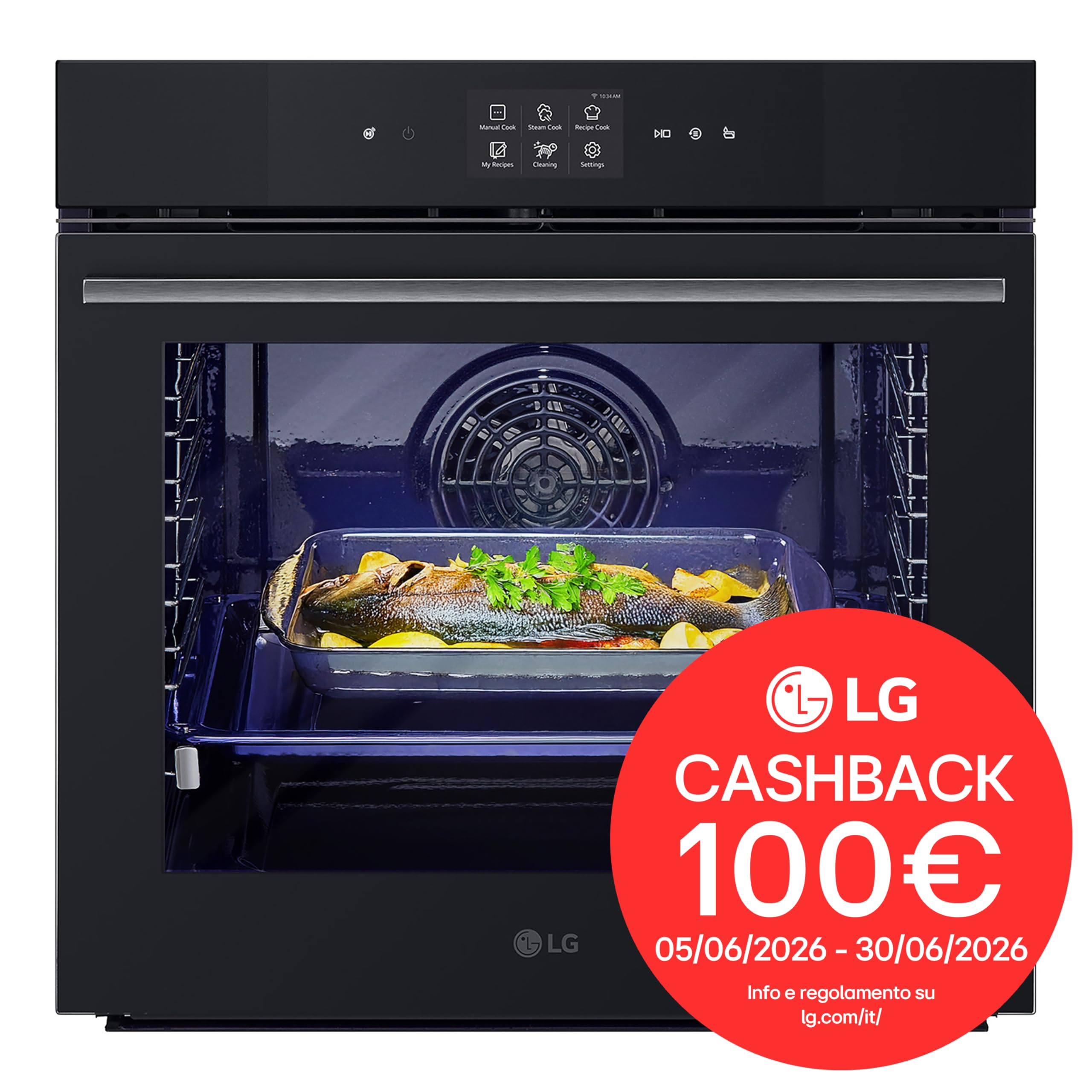 LG InstaView WSED7667M Forno da Incasso 100% Vapore, classe A++, 76L, 250°C, Display Touch 4,3", Air Fry, Sous Vide, Pizza, EasyClean, Wi-Fi, Cerniere Ammortizzate, Sonda Temperatura, Nero