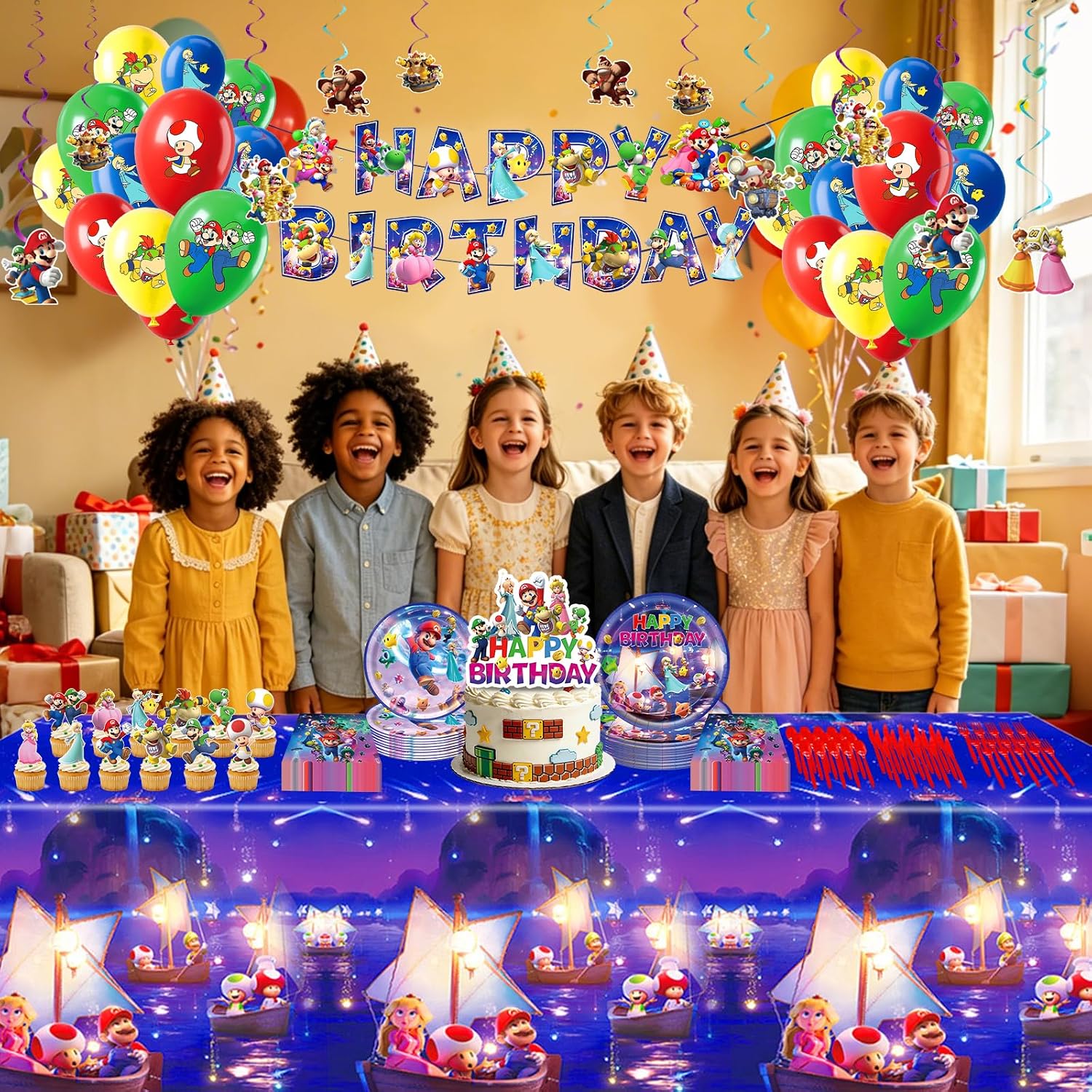 186PCS Super Mario Birthday Decorations, Party Supplies for 20 Guests | Mario birthday party supplies, including Mario birthday decorations, sealed tableware (2 tablecloths), fits 20 people