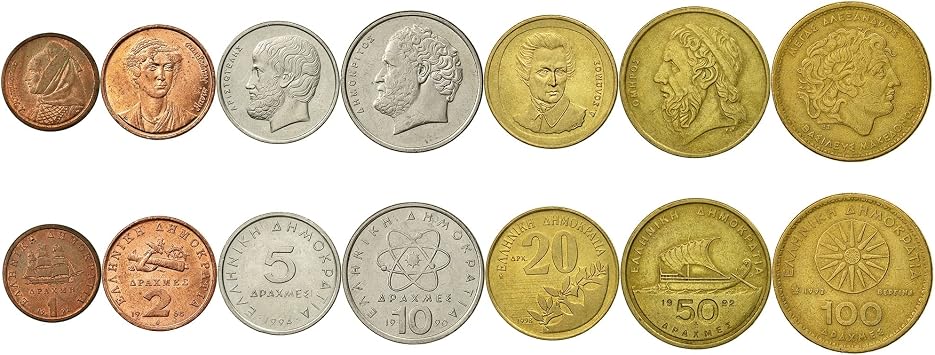 7 عملات معدنية من اليونان ، مجموعة عملات يونانية 1 2 5 10 20 50100 دراخما ، تداول 19822000 ، ألكسندر العظيم ، لاسكارينا بوبولينا ، أرسطو ، ديموقريطس ، ديونيسيوس سولوموس ، هوم ، أنكور ، آتوم ، كانون