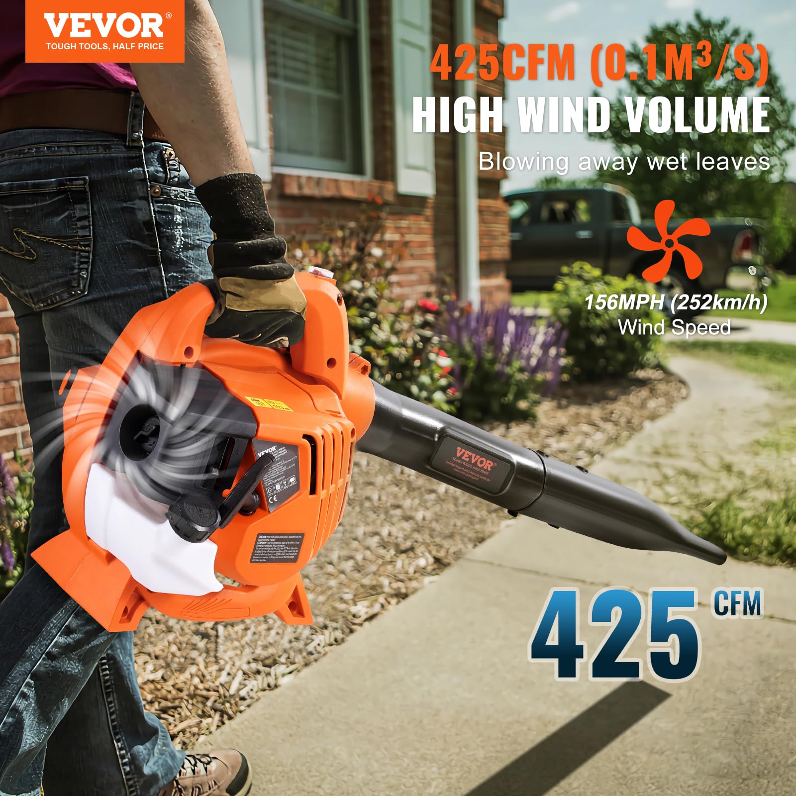 VEVOR Soffiatore per foglie a gas, Spazzaneve portatile 26 CC, Serbatoio carburante a 2 tempi, Volume d'aria 425 CFM, Velocità 95 MPH per cura del prato, Pulizia delle foglie, rimozione neve