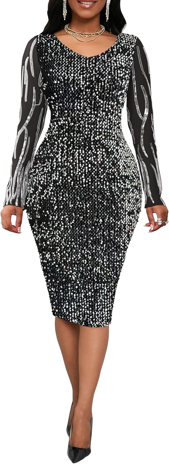 VERWIN Sequins Bodycon Sparkly V-Neck Midi Long Sleeve Prom Party Cocktail Dress