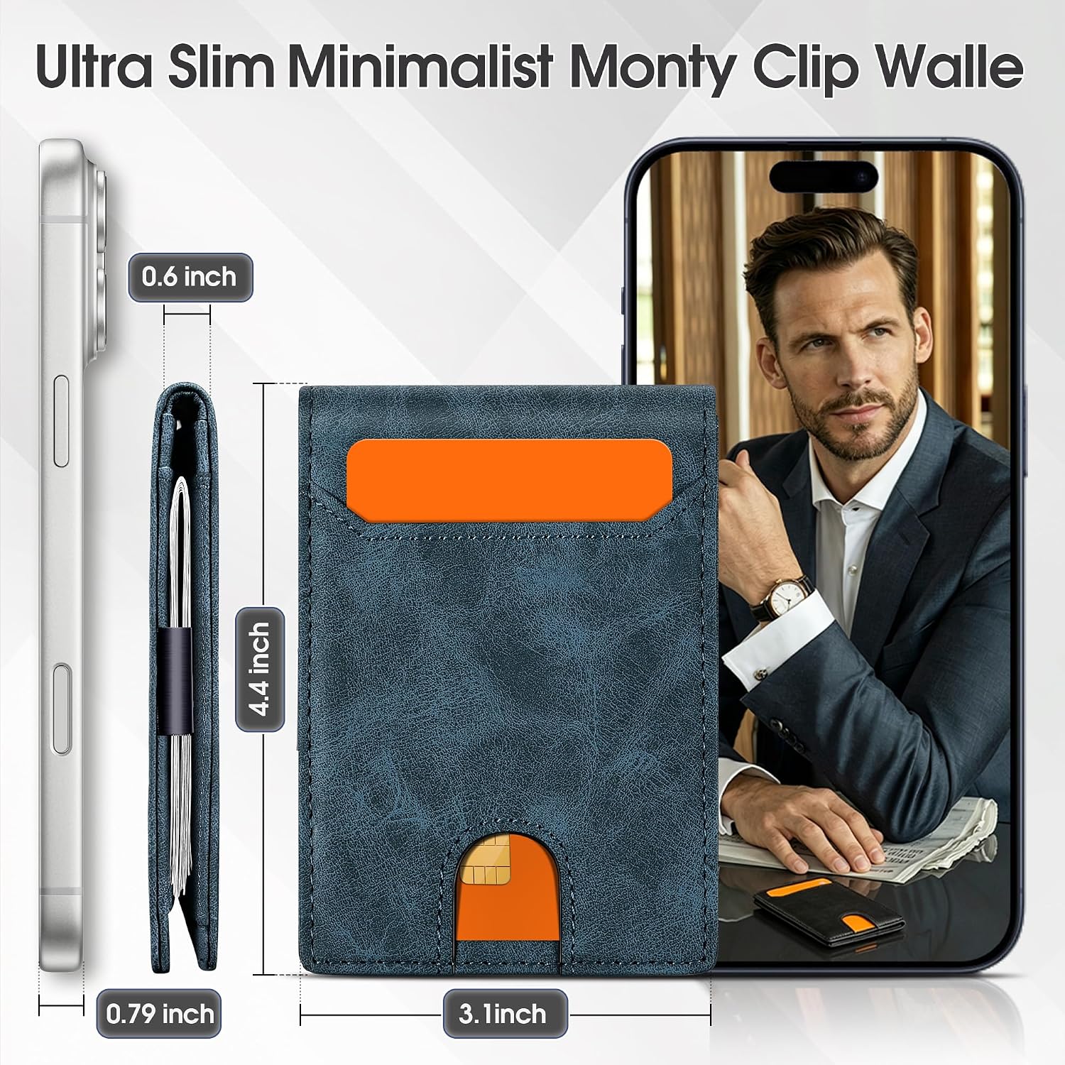 Slim Wallet for Men,Money Clip Minimalist Card Wallet RFID Blocking Front Pocket Bifold Mens Wallet Thin Credit Card Holder with 11 Card Slots ID Window Crazy Horse Blue image 2