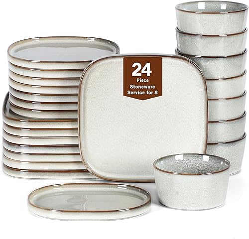 Miniatura 11 de Stone Lain Grace - Juego de vajilla cuadrada de gres, 12 piezas de servicio para 4, juego de platos y tazones, color negro Negro -,Blanco