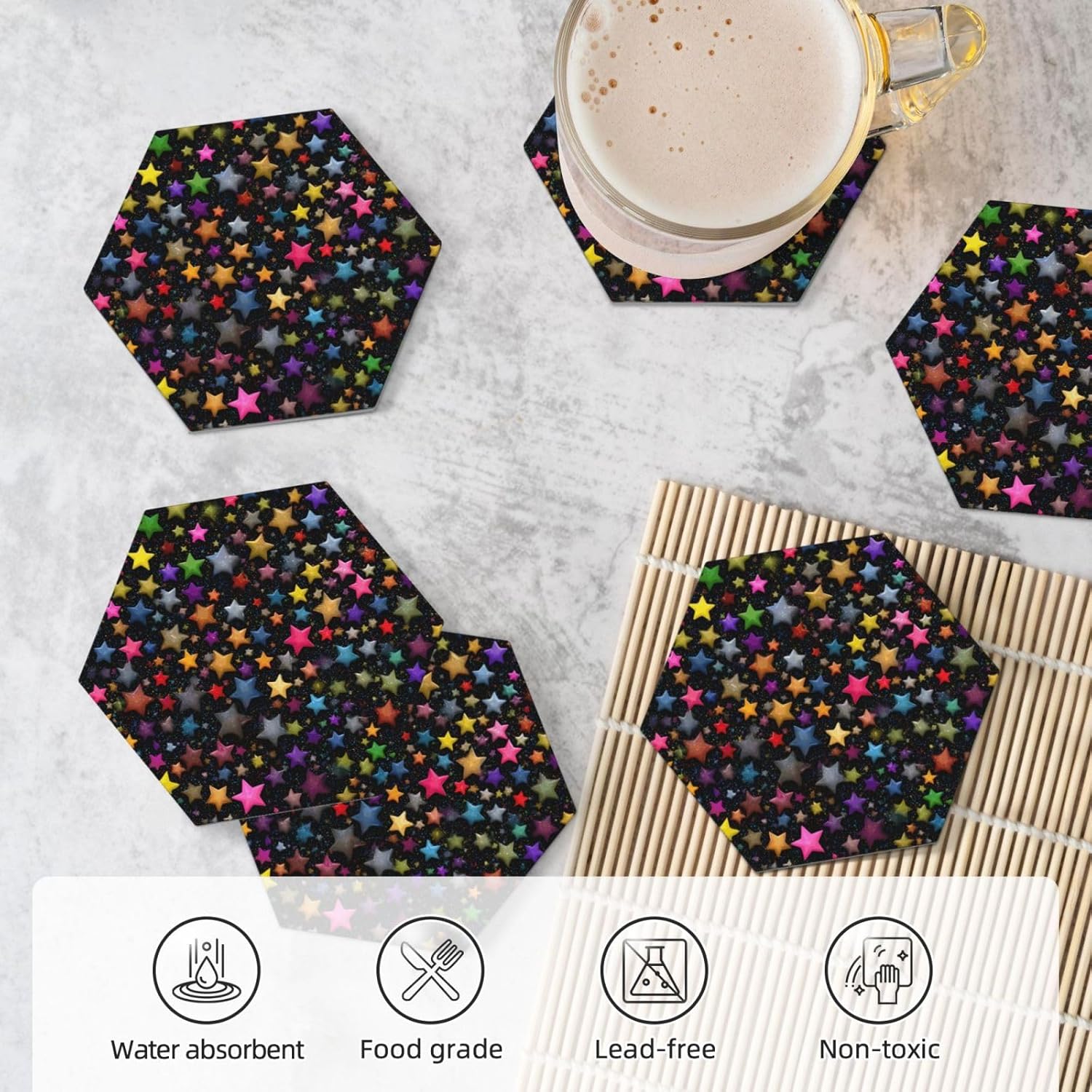 (Many Stars) Ceramic Coasters Set of 6 with Holder Non-Slip Hexagon Coffee Coasters for for Cup Mug Drink Patio Coffee Table Decor, Christmas Coasters Home Bar Supplies